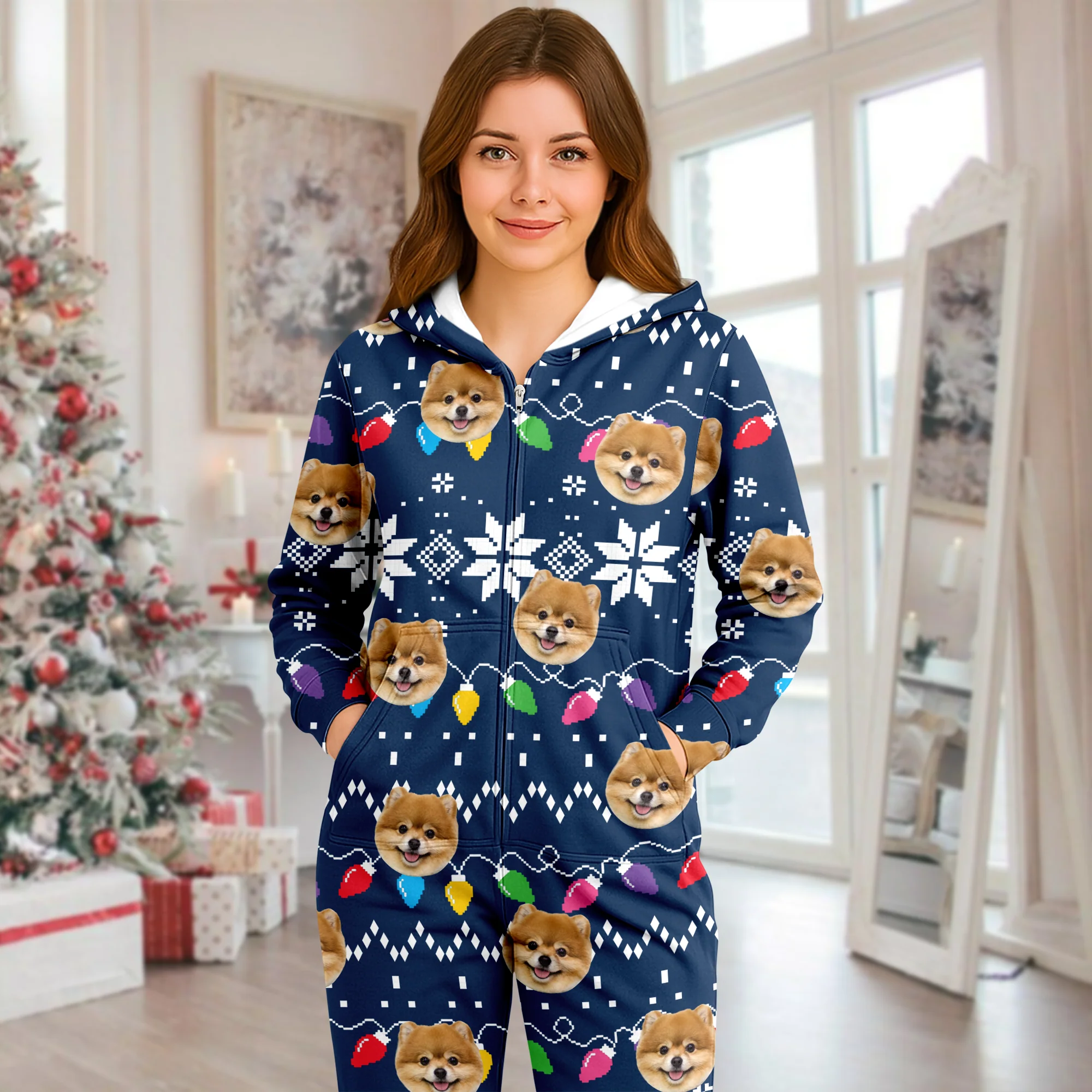 Custom Dog Face Funny Christmas Lights Onesie Pajamas HO82 900390 - Image 2