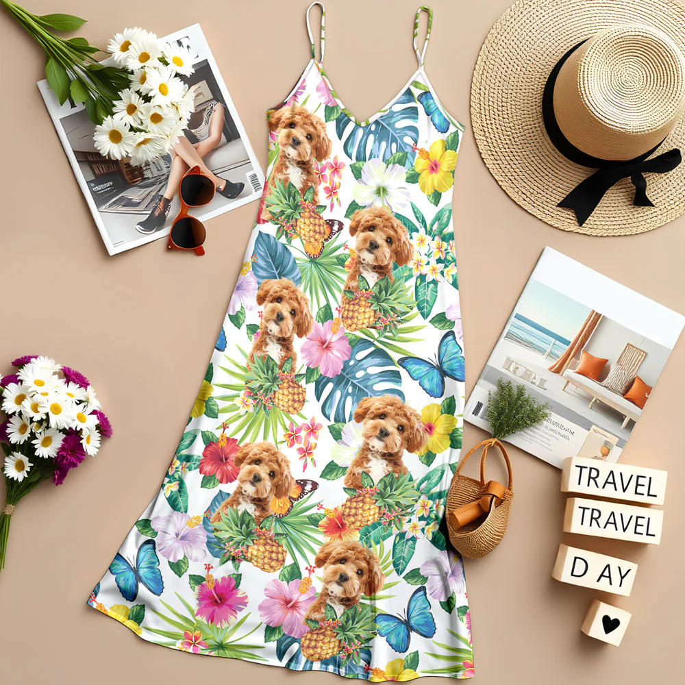 Custom Dog Photo Tropical Women's V-Neck Cami Maxi Dress HO82 893604 - Image 9