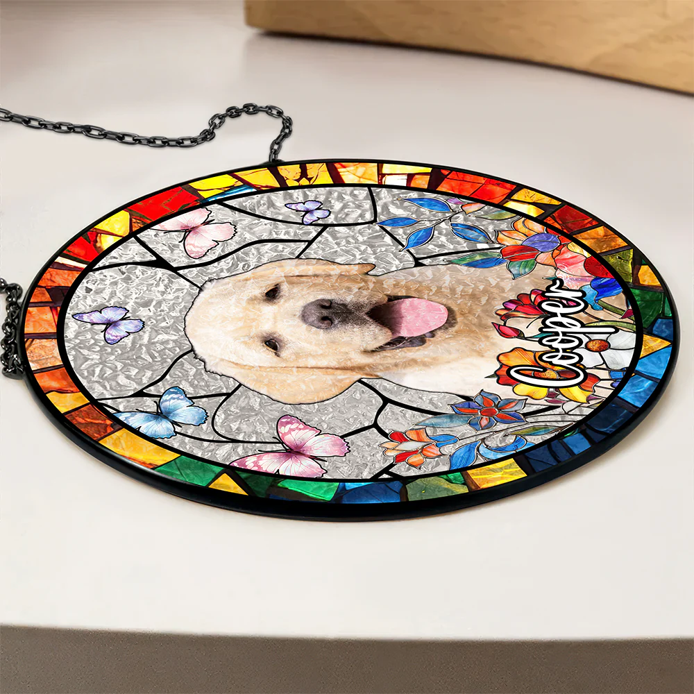 Custom Dog Photo With Flower Memorial Stained Glass Suncatcher, Pet Loss Gift HO82 894318 - Image 2