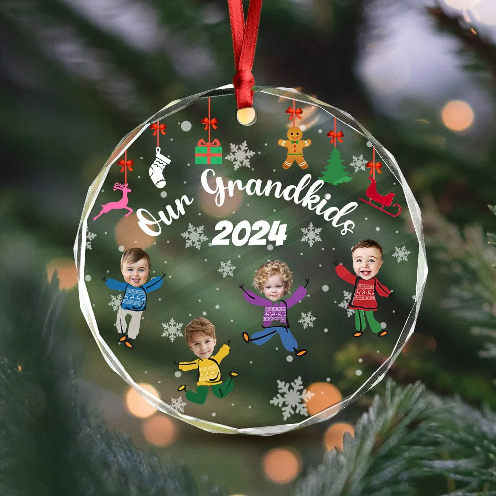 Custom Kid Face Family Our Grandkids Christmas Gift For Grandma Grandpa Mom Dad Glass Circle Ornament HO82 893108 - Image 2