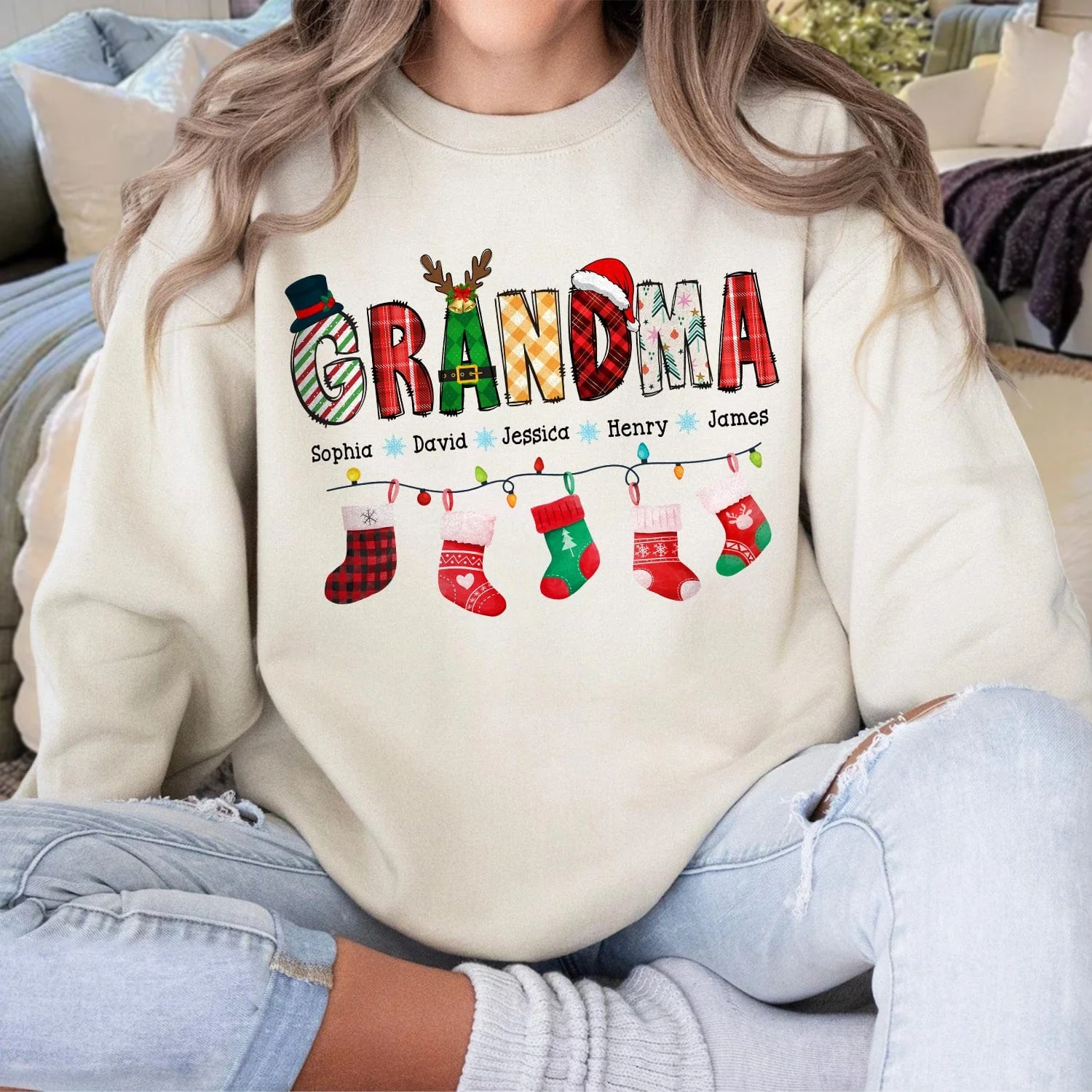 Custom Grandkid Name For Grandma Christmas Socks Sweatshirt Best Gift For Family, Lover, Christmas Idea Gift HO82 893154 - Image 4