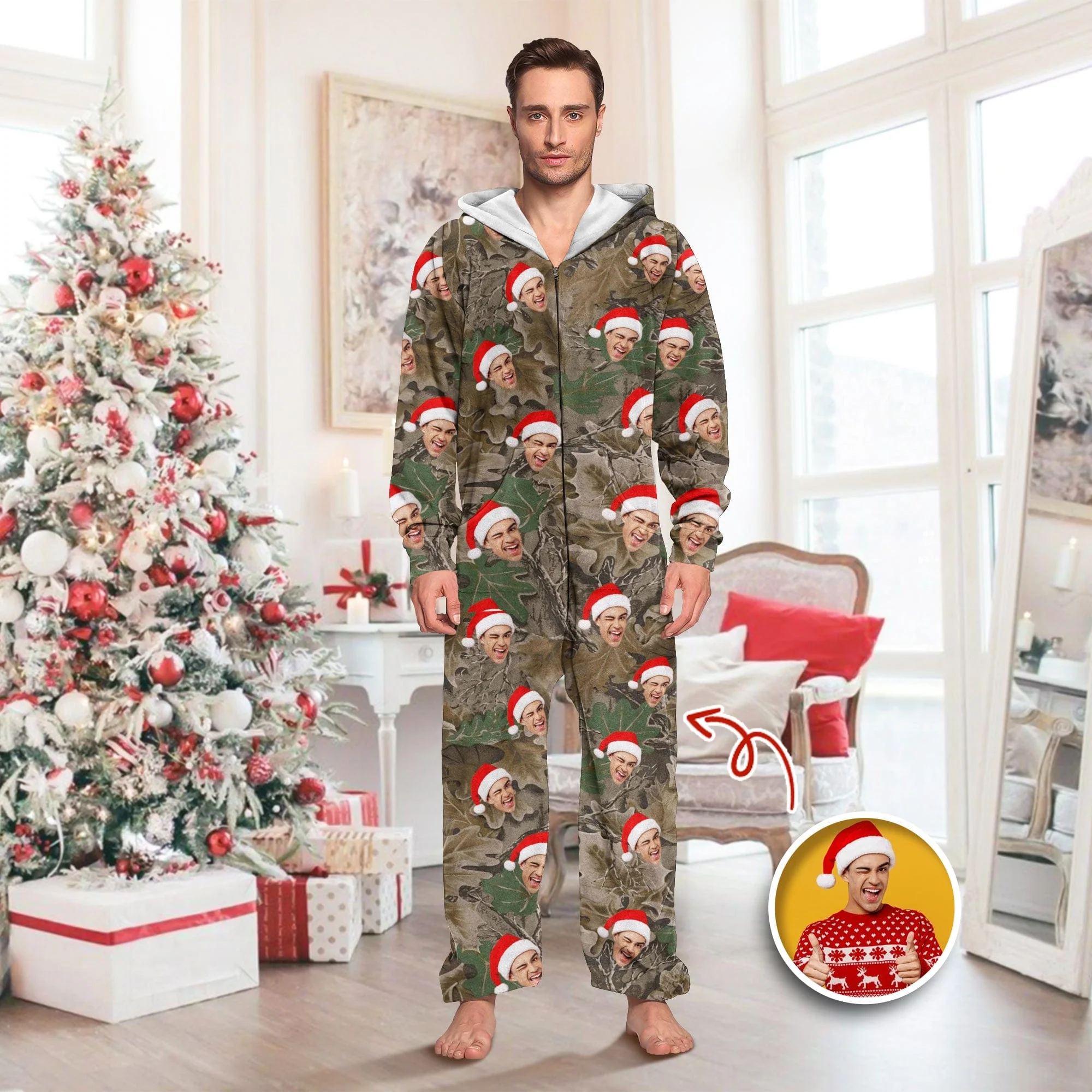 Custom Human Face Photo With Camo Background Onesie Pajamas HO82 893378 - Image 2