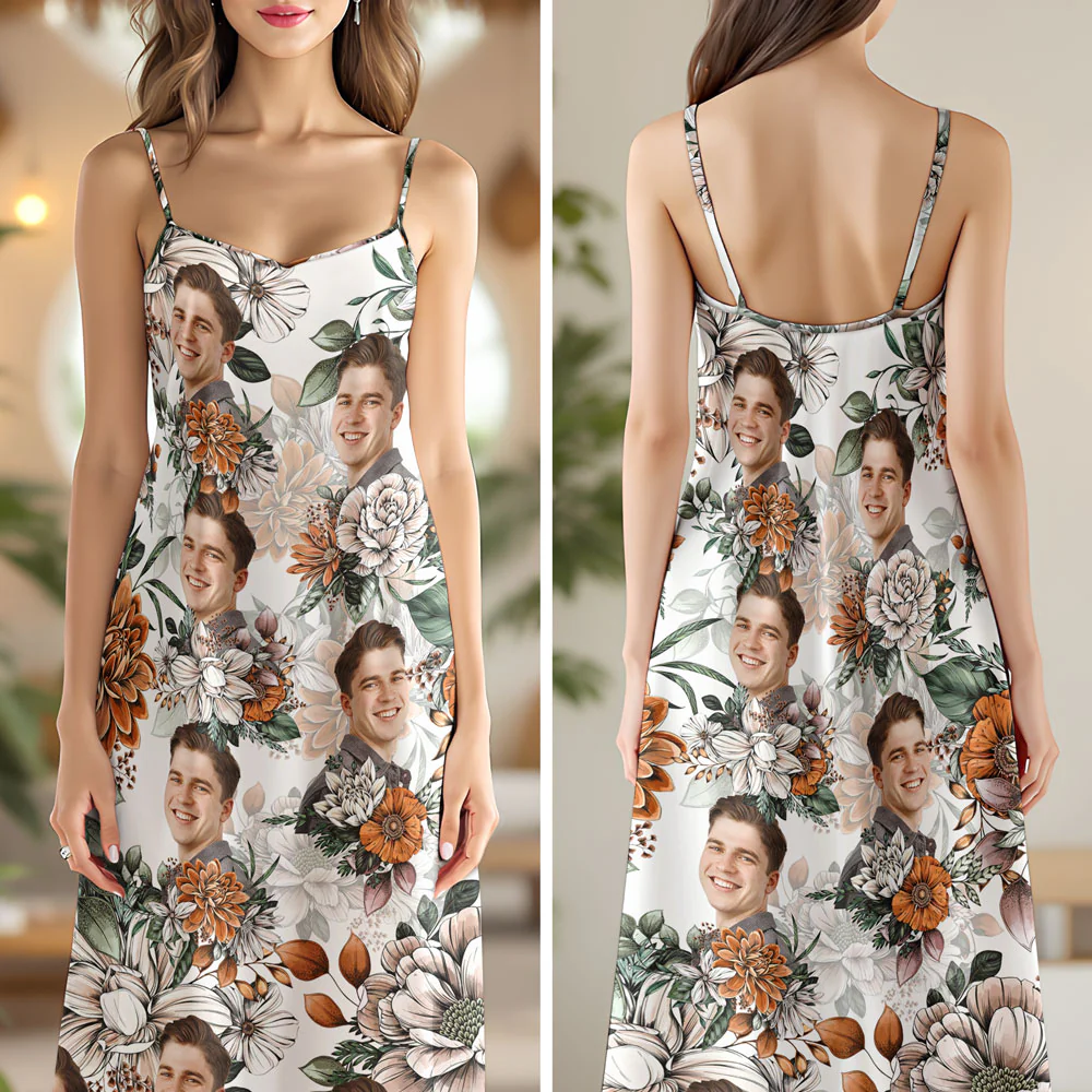 Custom Human Photo Floral Style Women's V-Neck Cami Maxi Dress HO82 893602 - Image 2