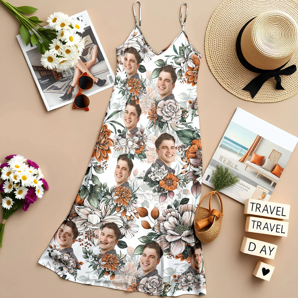 Custom Human Photo Floral Style Women's V-Neck Cami Maxi Dress HO82 893602 - Image 8