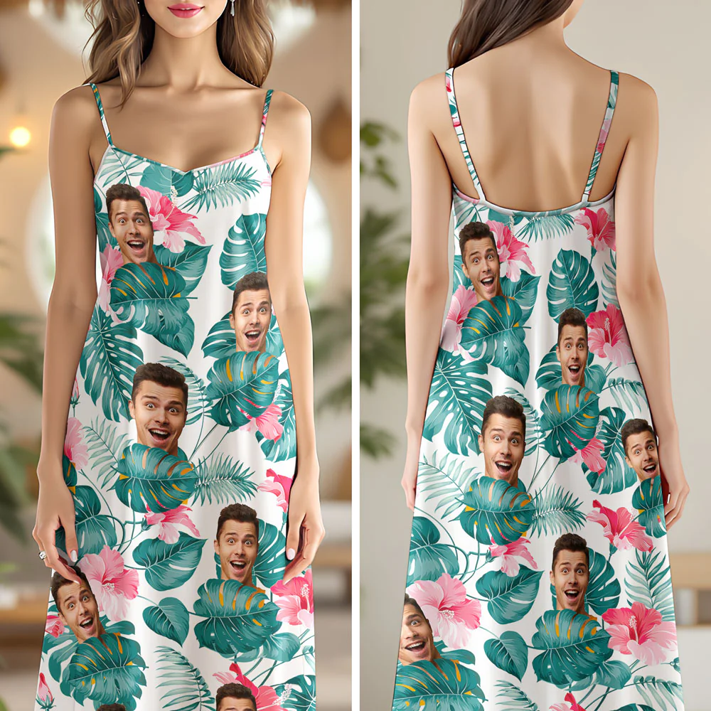 Custom Human Photo Hawaiian Style Women's V-Neck Cami Maxi Dress For Summer Beach Holiday HO82 893596 - Image 4