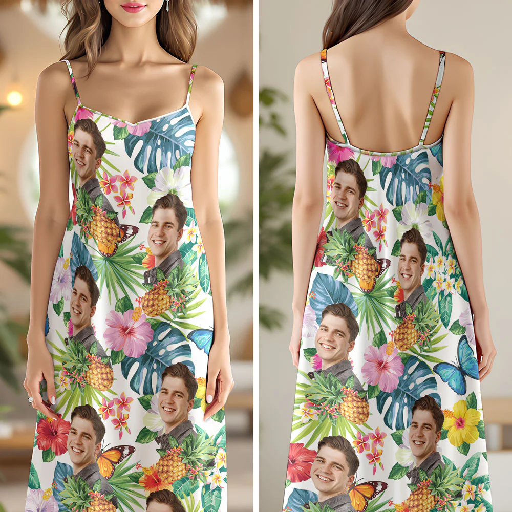 Custom Human Photo Tropical Women's V-Neck Cami Maxi Dress HO82 893608 - Image 5
