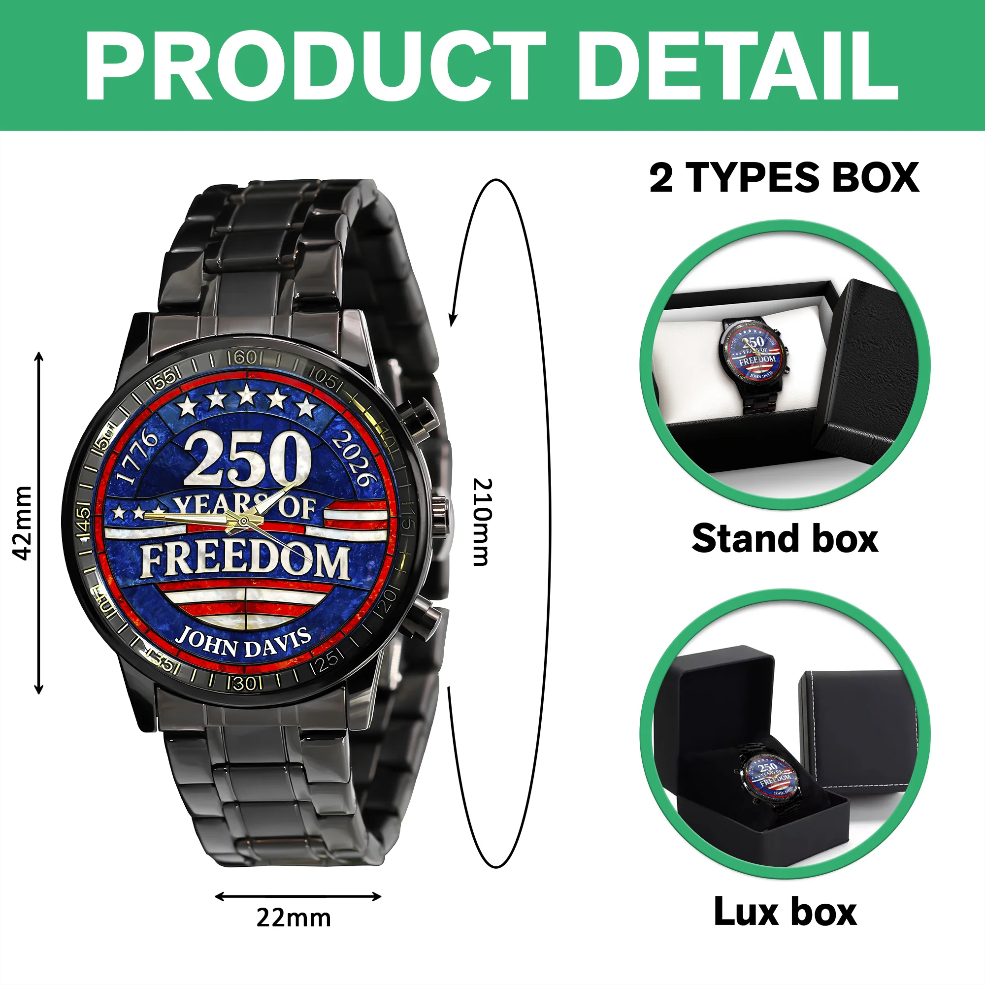 Custom Name 250 Years Of Freedom 1776-2026 4th Of July Men's Wrist Watch HO82 901554 - Image 7