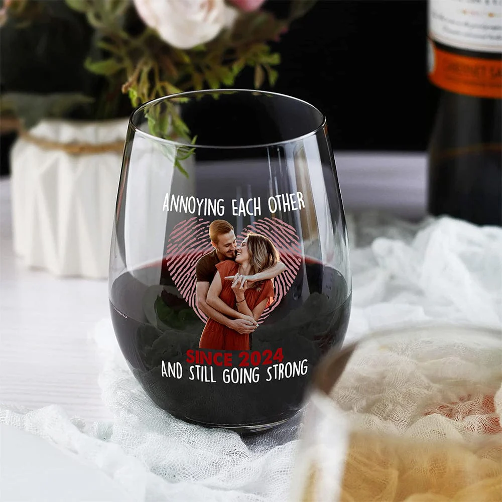 Custom Photo Annoying Each Other Since Year Still Going Strong Couple Stemless Wine Glass HO82 893368 - Image 2