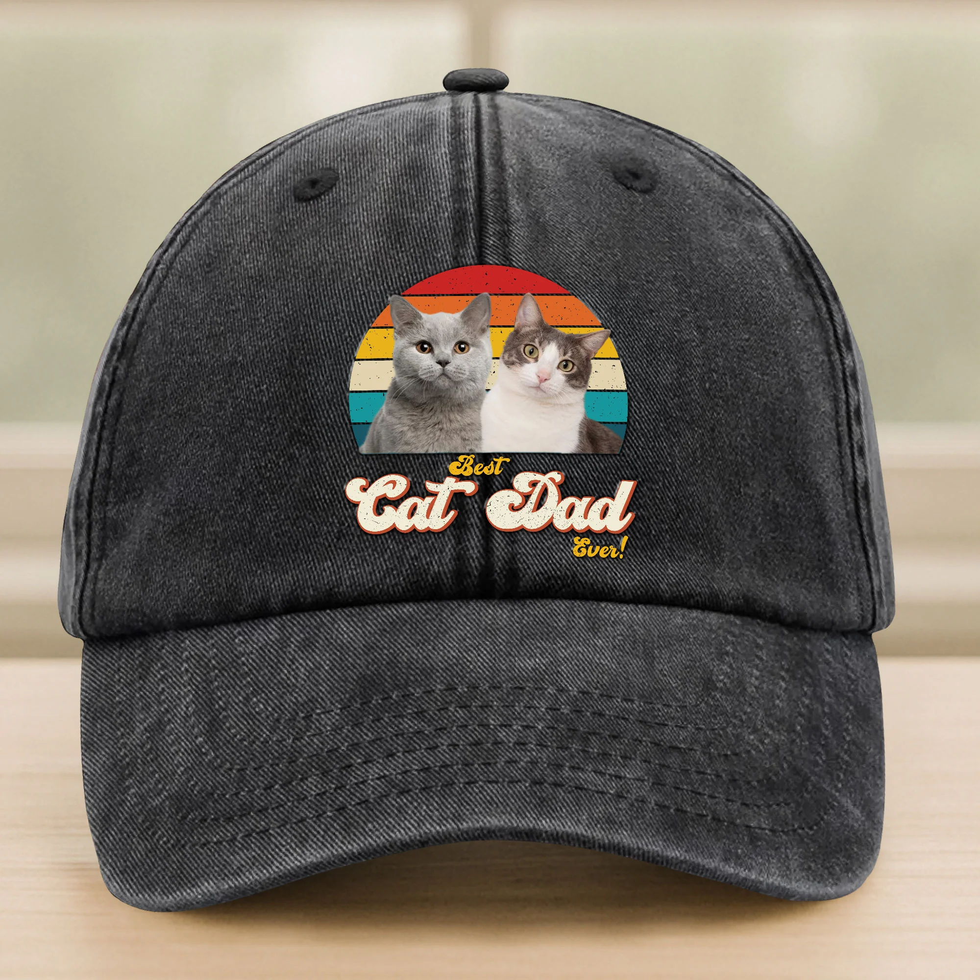 Custom Photo Best Cat Dad Ever Washed Denim Baseball Cap Gift For Father's Day, Cat Dad HO82 893942 - Image 2