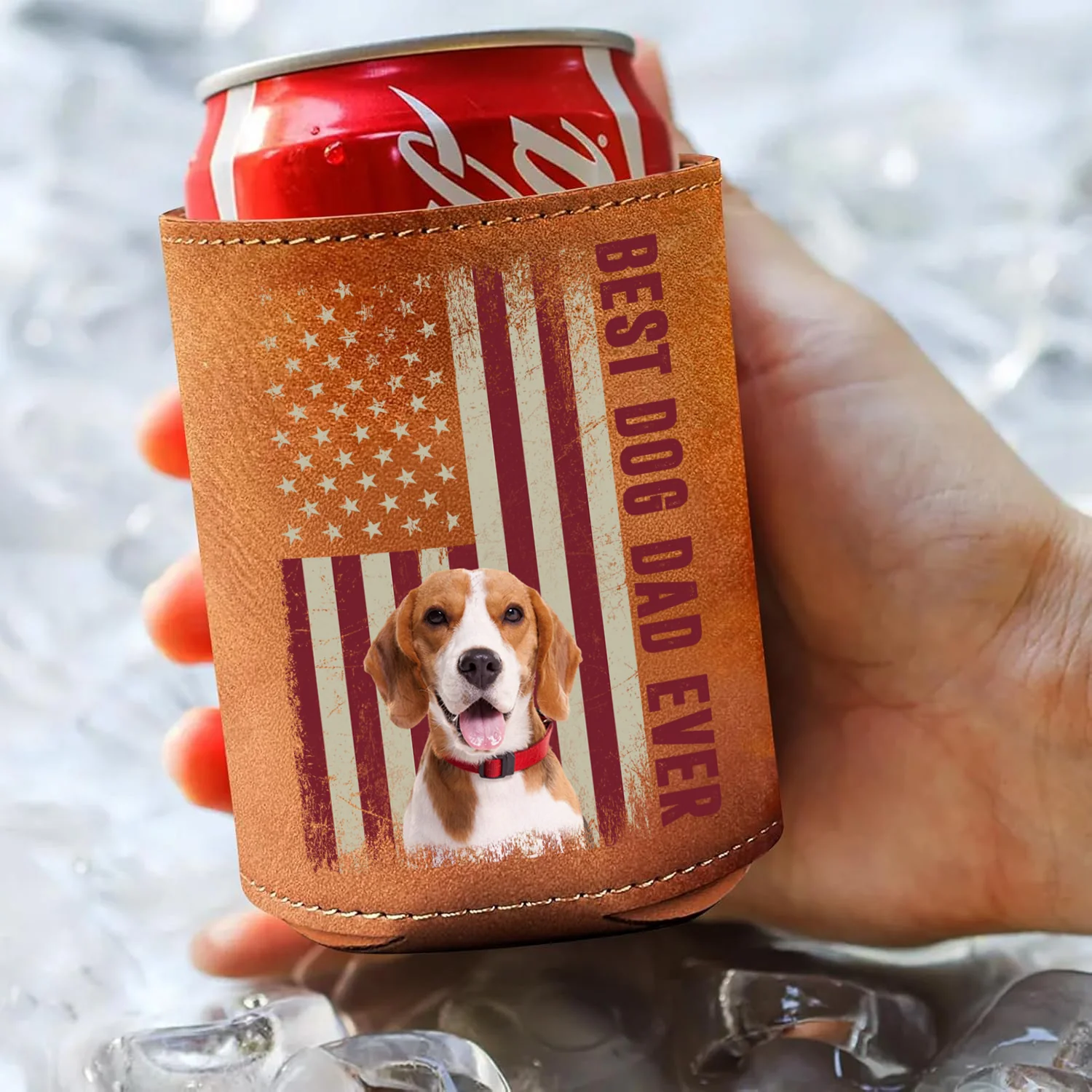 Custom Photo Best Dog Dad Ever Leather Can Cooler Holder Gift For Dog Lovers HO82 894108 - Image 3