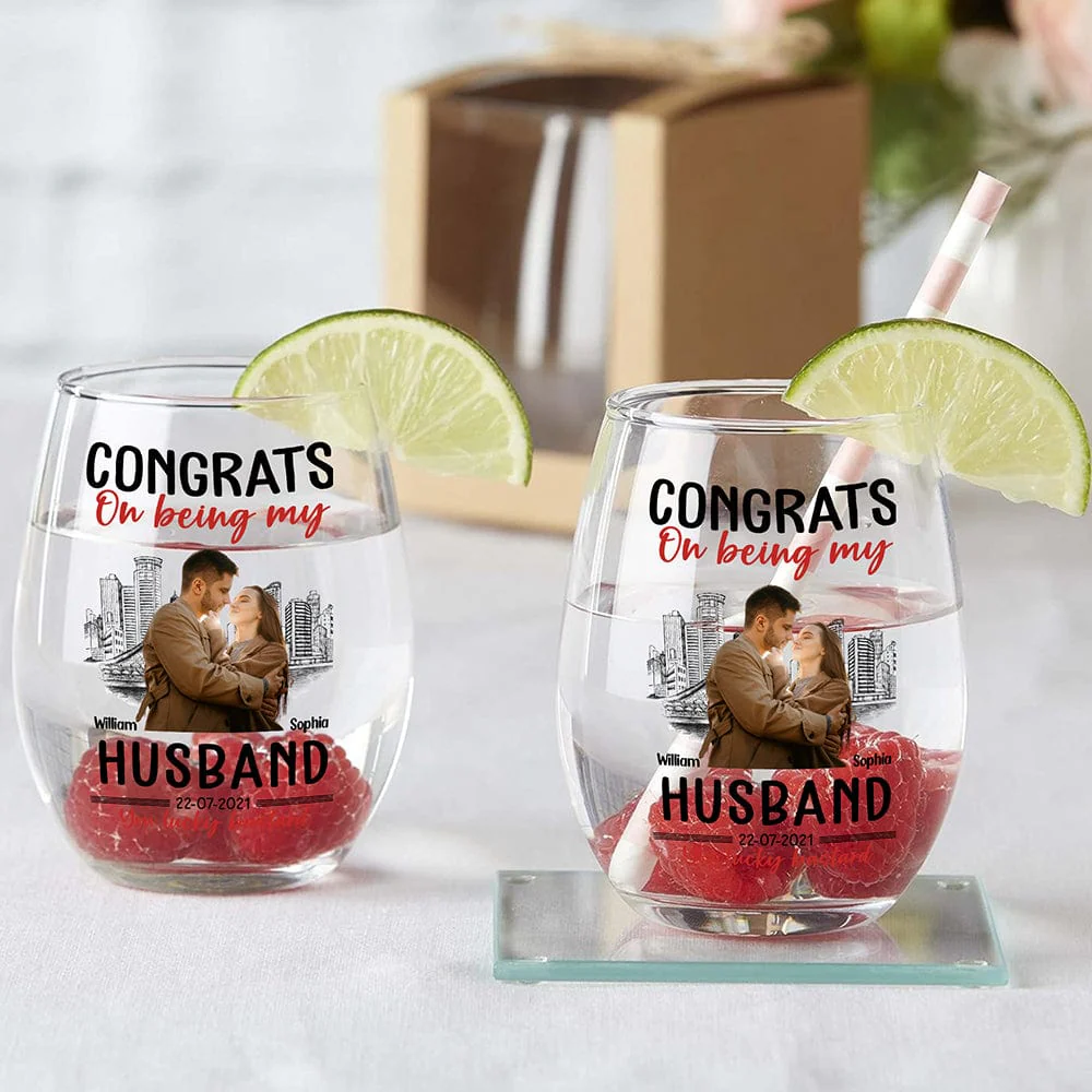Custom Photo Congrats On Being My Husband You Lucky Bastard Stemless Wine Glass HO82 893366 - Image 7