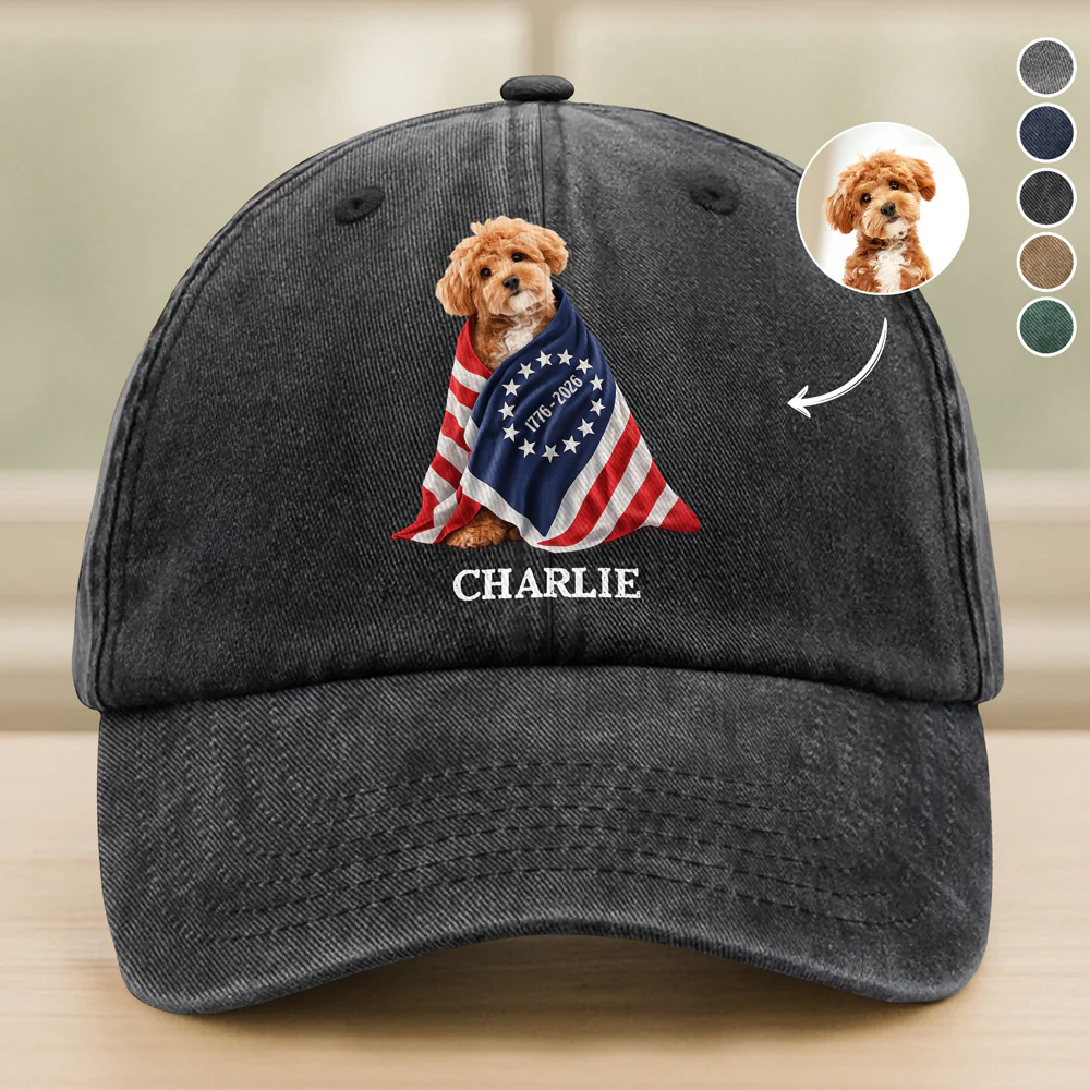 Custom Photo Dog Cat With US 250 Washed Denim Baseball Cap HO82 901260