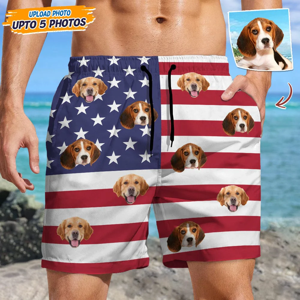 Custom Photo Dog Face American Flag Men's Beach Short K228 889188 - Image 2