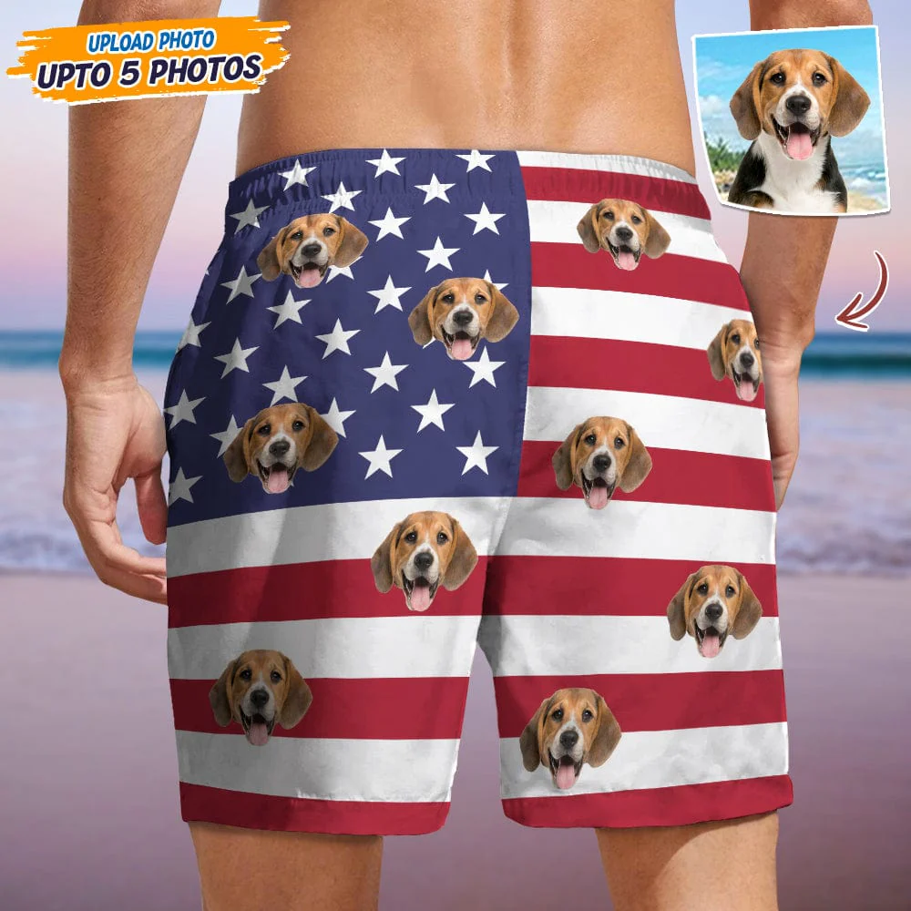 Custom Photo Dog Face American Flag Men's Beach Short K228 889188 - Image 4