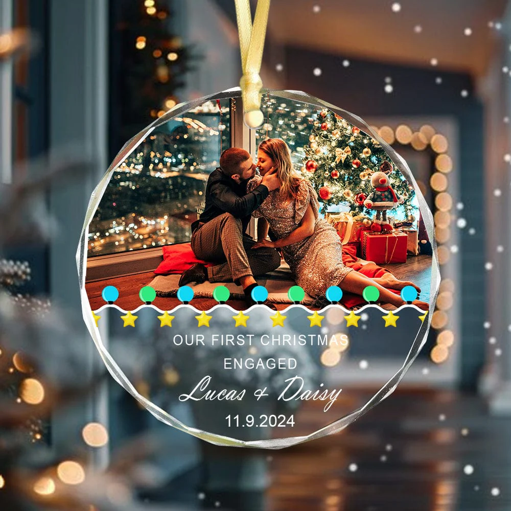 Custom Photo First Christmas Engaged Couple Glass Circle Ornament HO82 893088 - Image 2