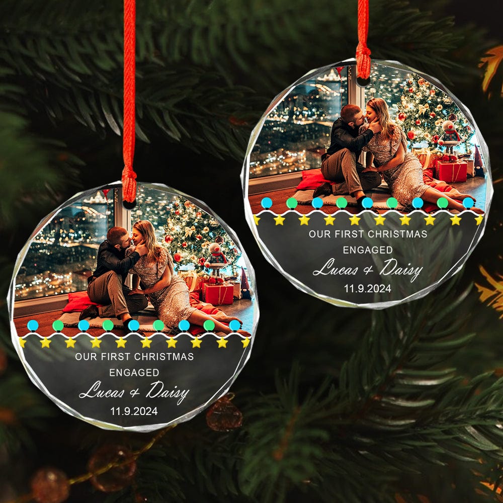 Custom Photo First Christmas Engaged Couple Glass Circle Ornament HO82 893088 - Image 3