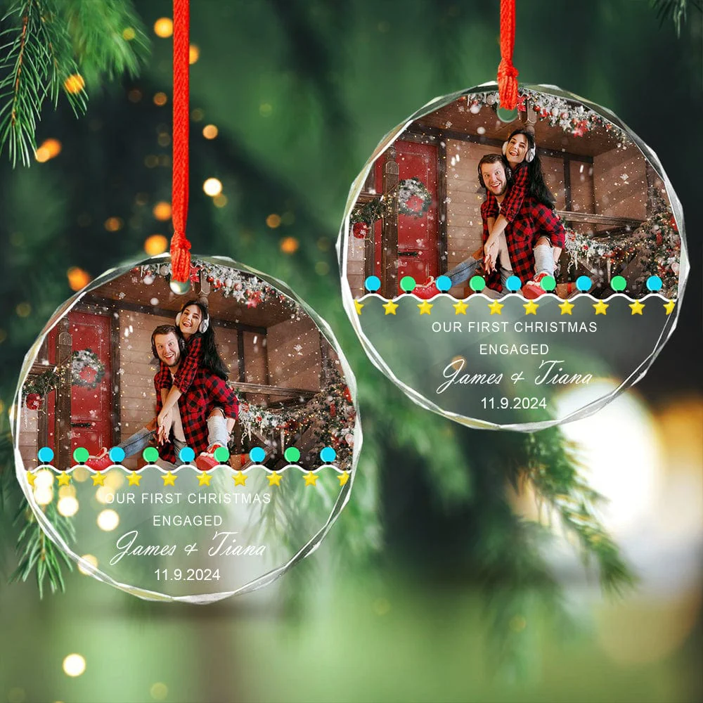 Custom Photo First Christmas Engaged Couple Glass Circle Ornament HO82 893088 - Image 6