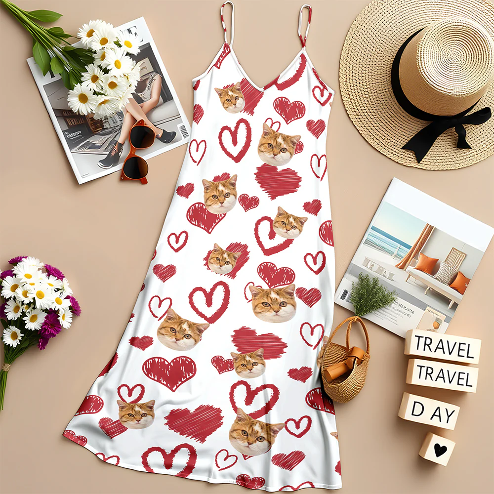 Custom Photo Love Heart Cat Women's V-Neck Cami Maxi Dress HO82 893738 - Image 6