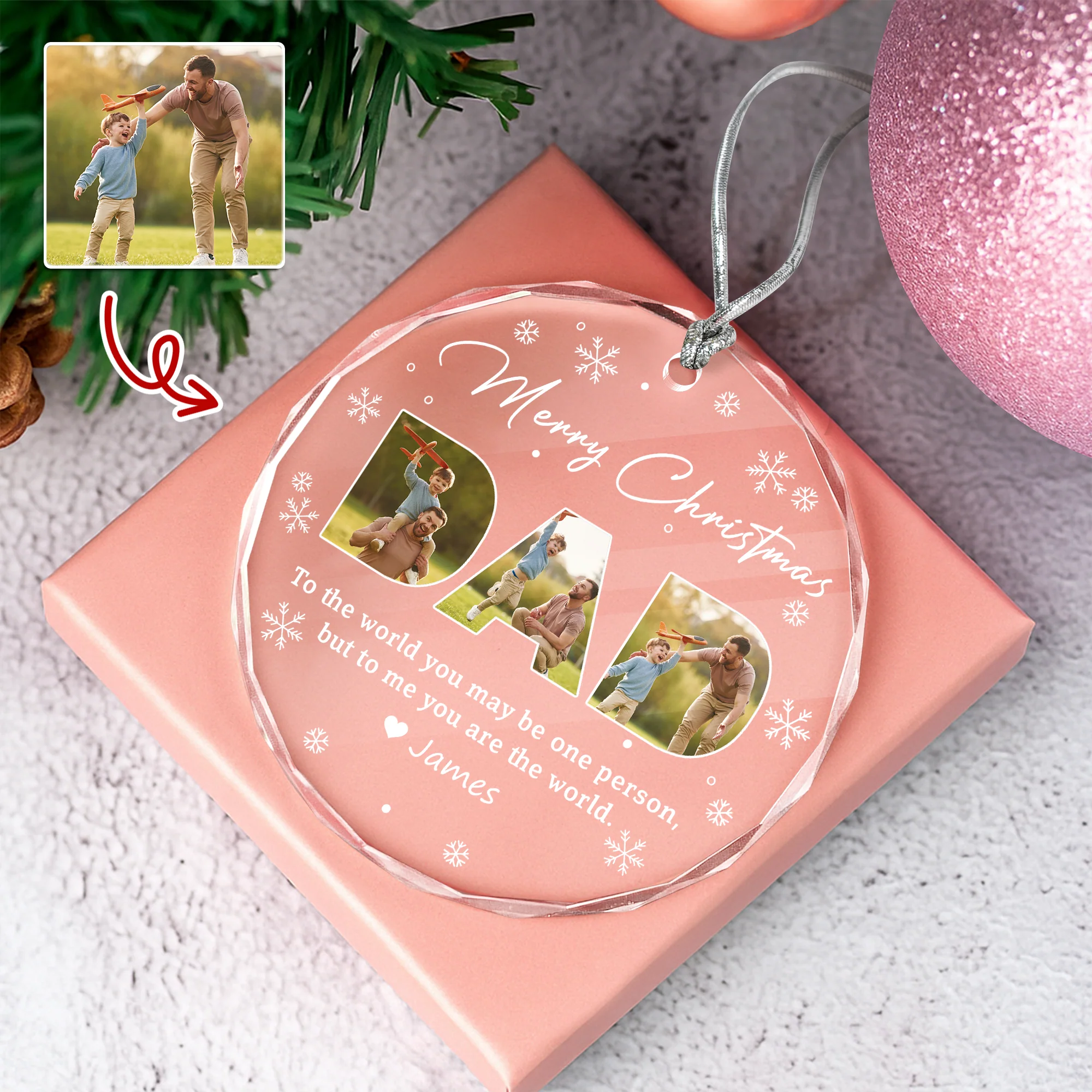 Custom Photo Merry Christmas Dad To Me You Are The World Family Glass Circle Ornament HO82 894708 - Image 3