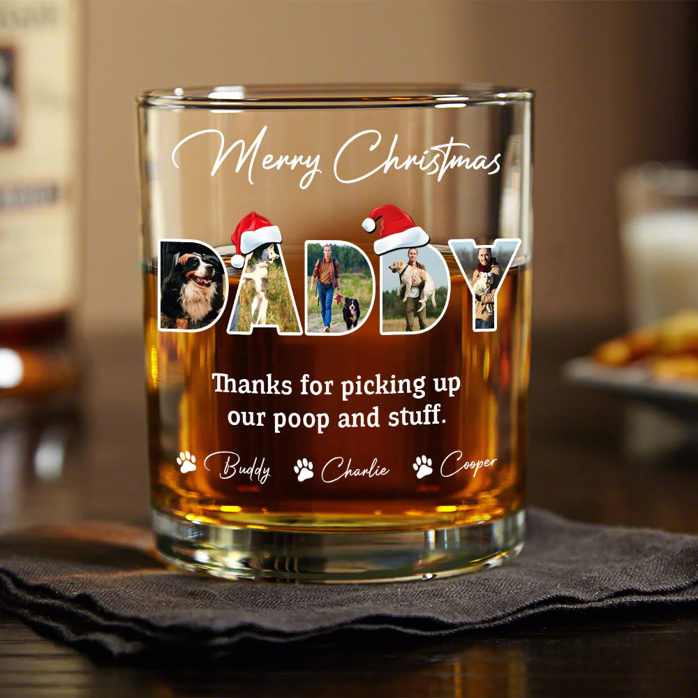 Custom Photo Merry Christmas Thanks For Picking Up My Poop And Stuff Whiskey Glass Gift For Dad HO82 894410 - Image 2
