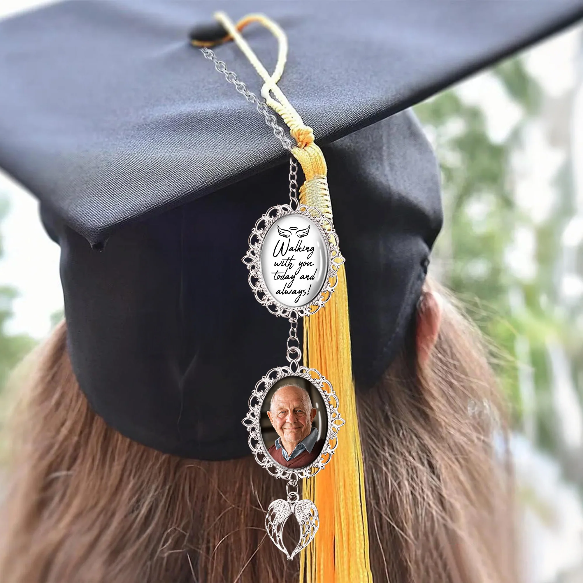Custom Photo Walking With You Today And Always Memorial Graduation Tassel Charm With Angel Wings HO82 901372 - Image 2