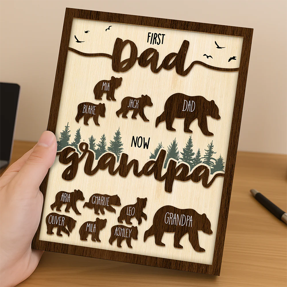 Papa Bear With Kid Name Family 2-Layered Wooden Plaque With Stand Personalized Gift For Father's Day, Dad HO82 894042 - Image 3