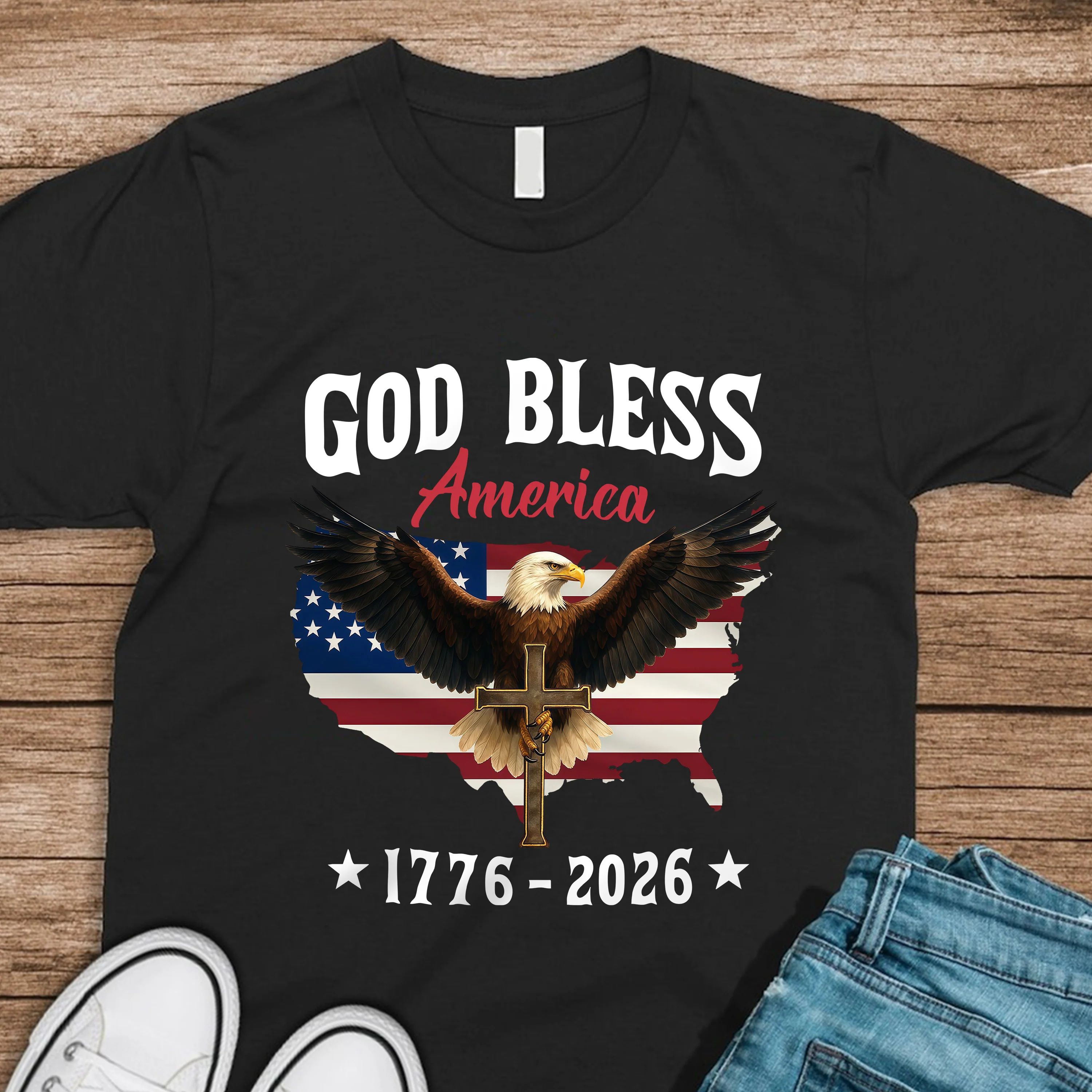 Patriotic 250th Anniversary God Bless America Eagle 1776–2026 Dark Shirt HO82 900994 - Image 4