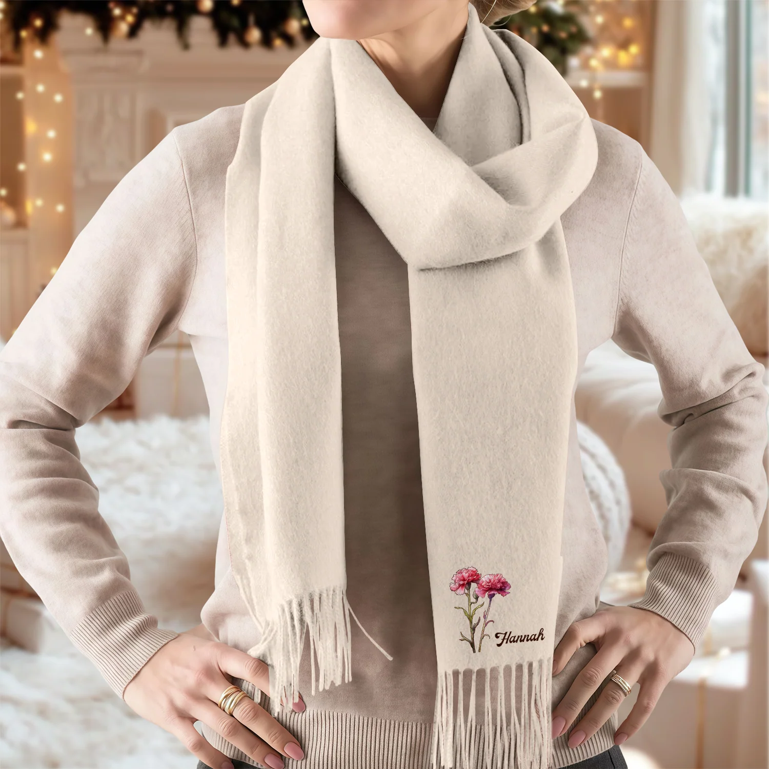 Personalised Name Birth Flower Soft Warm Tassel Scarf, Winter Accessory Anniversary Birthday Gift for Women Men HO82 900752 - Image 2