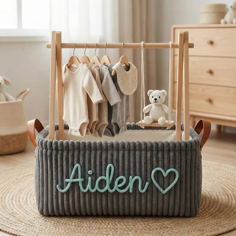 Personalized Embroidery Baby Storage Basket – Baby Shower Gift Knitted Wire Art HO82 903014 - Image 6