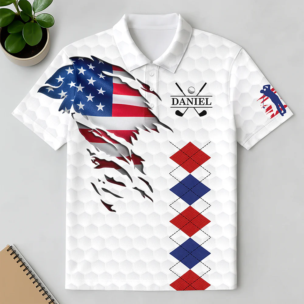 Personalized Golf American Flag Polo Shirt, White Golf Texture American Flag, Patriotic Golf Gift For Men HO82 900826 - Image 5