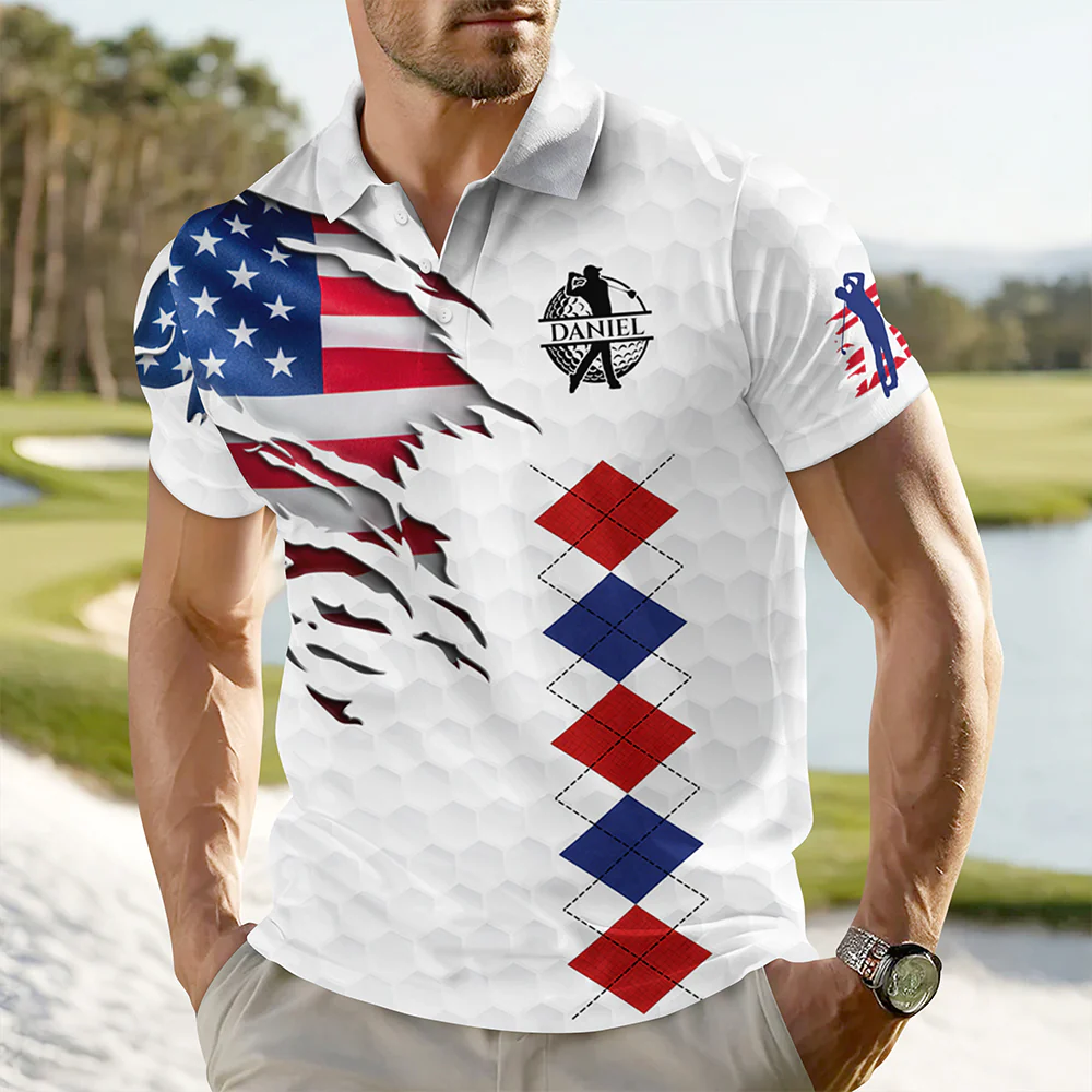 Personalized Golf American Flag Polo Shirt, White Golf Texture American Flag, Patriotic Golf Gift For Men HO82 900826 - Image 7
