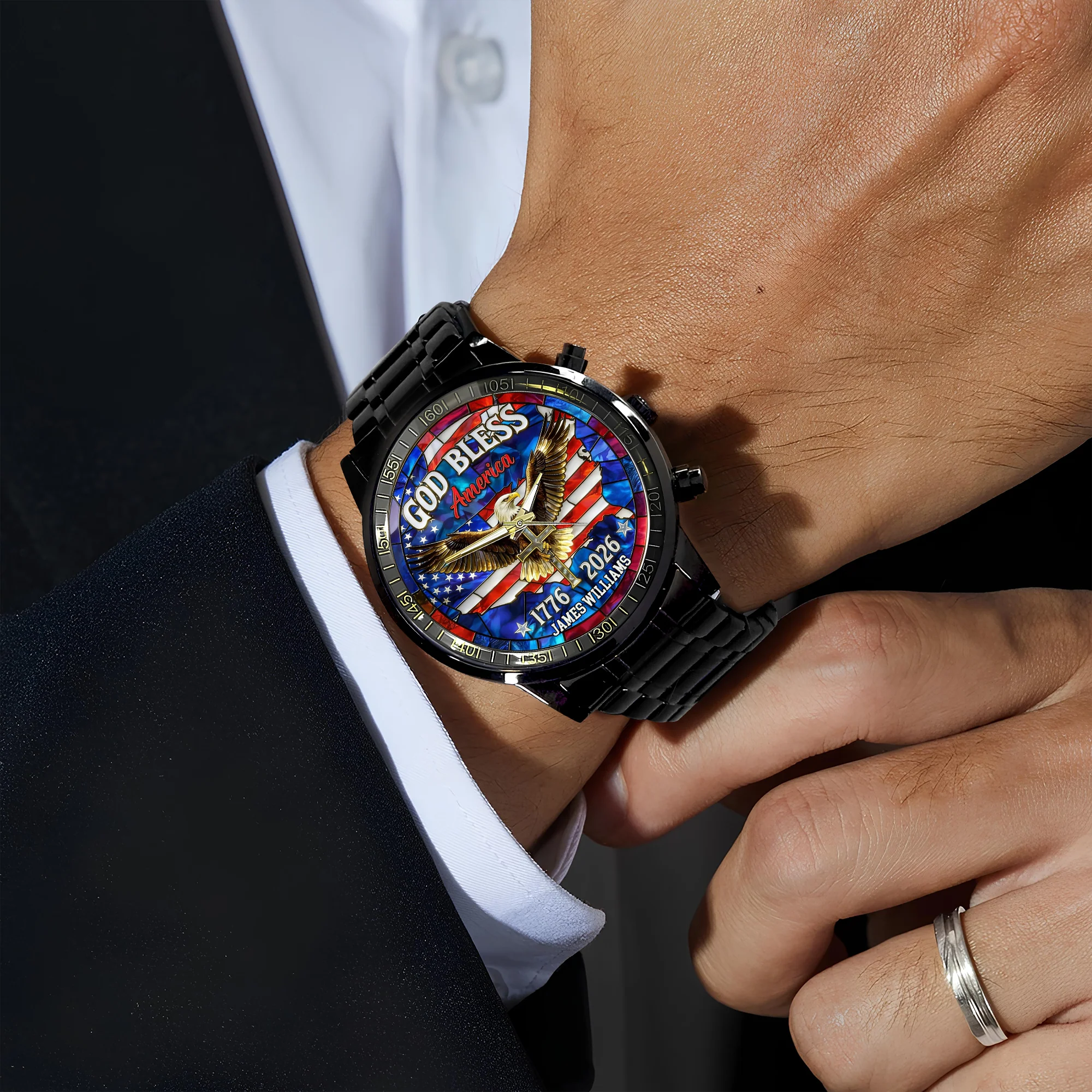Personalized Name Patriotic 250th Anniversary God Bless America Eagle 1776–2026 Men's Wrist Watch HO82 901558 - Image 3