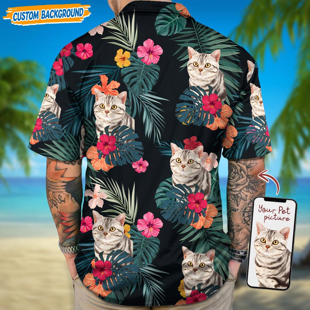 Upload Dog Cat Photo With Flowers And Leaves Pattern Hawaiian Shirt T368 889458 - Image 4