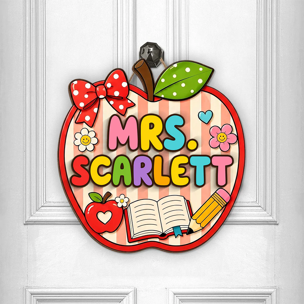 Personalized Apple Teacher Welcome Door Sign, Custom Name Classroom Door Hanger, Back to School Gift CH07 180038 - Image 4