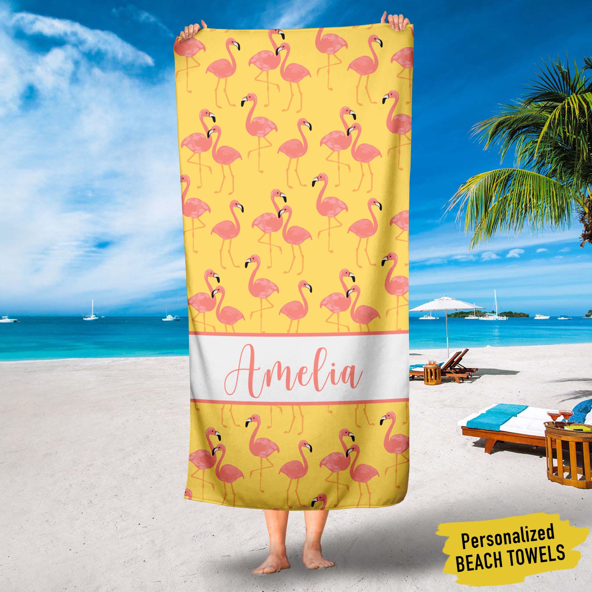 Flamingo Custom Name Beach Towels