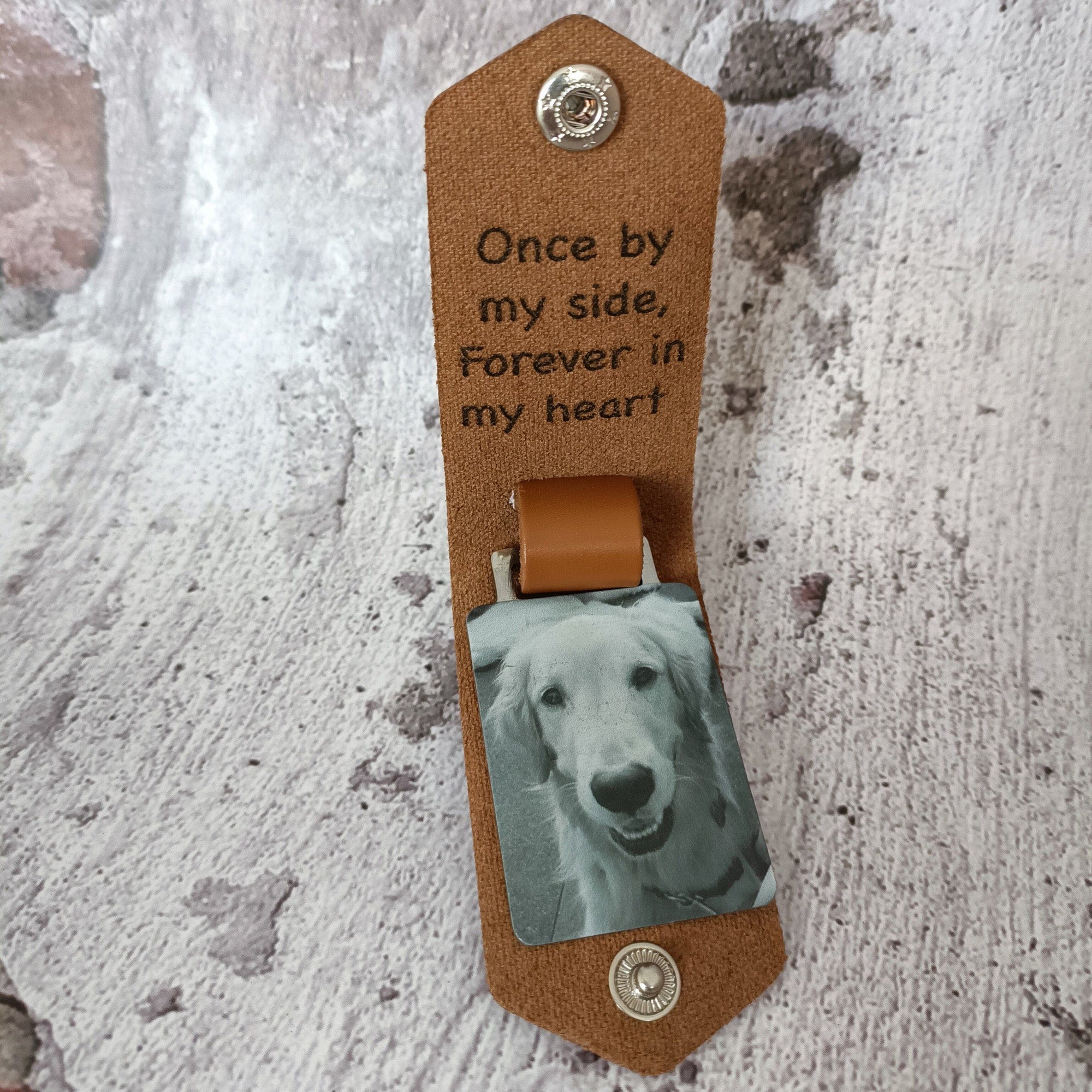 Once By My Side Forever In My Heart Dog Pet Memorial Vintage Leather Photo Keychain - Image 2