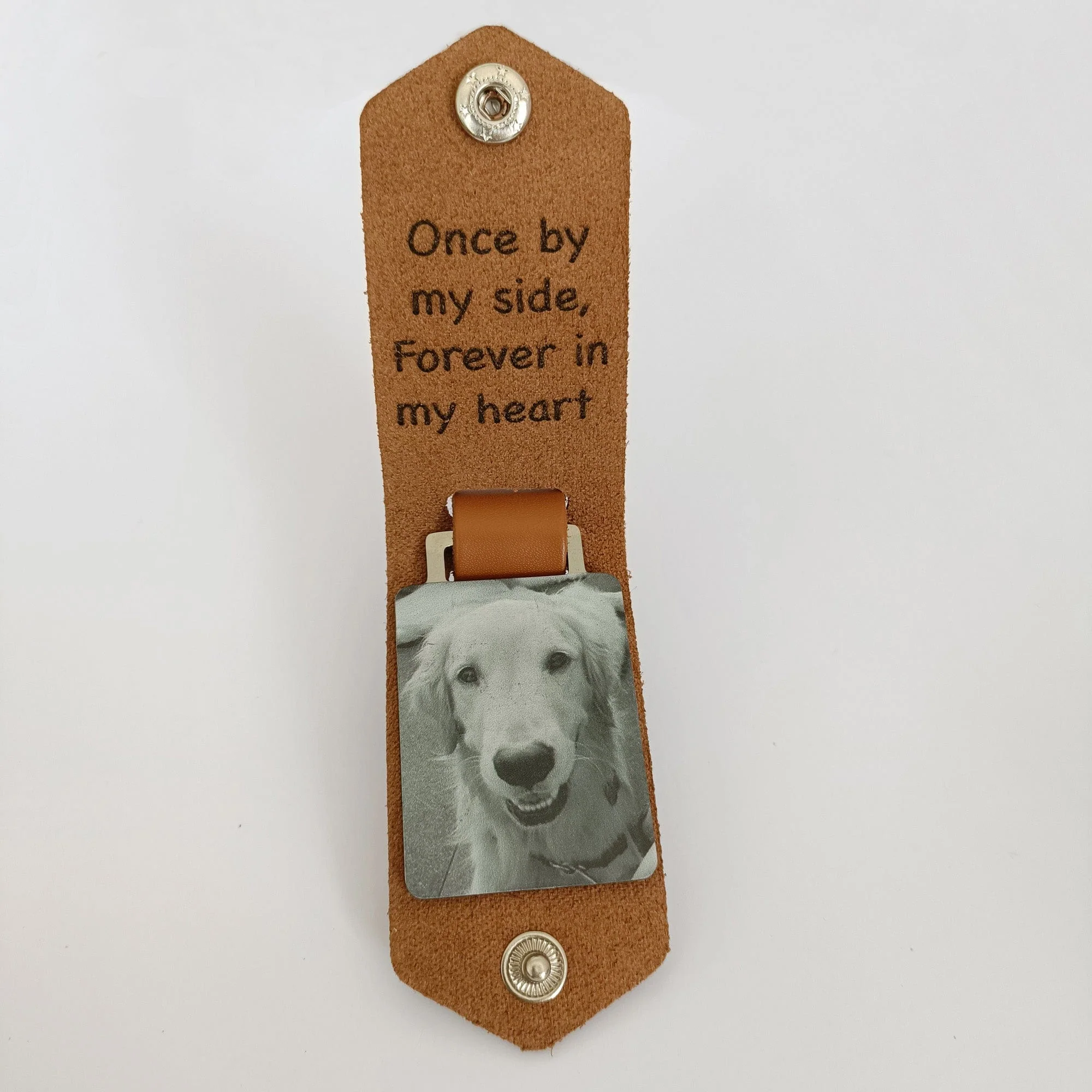 Once By My Side Forever In My Heart Dog Pet Memorial Vintage Leather Photo Keychain - Image 3