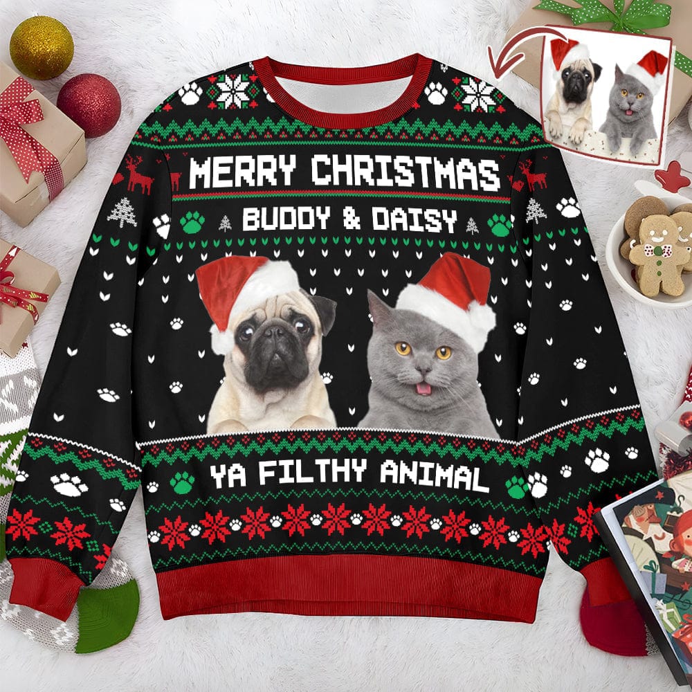 Personalized Photo Dog Cat Merry Christmas Ya Filthy Animal All-Over-Print Ugly Sweatshirt DA199 HN590 - Image 2