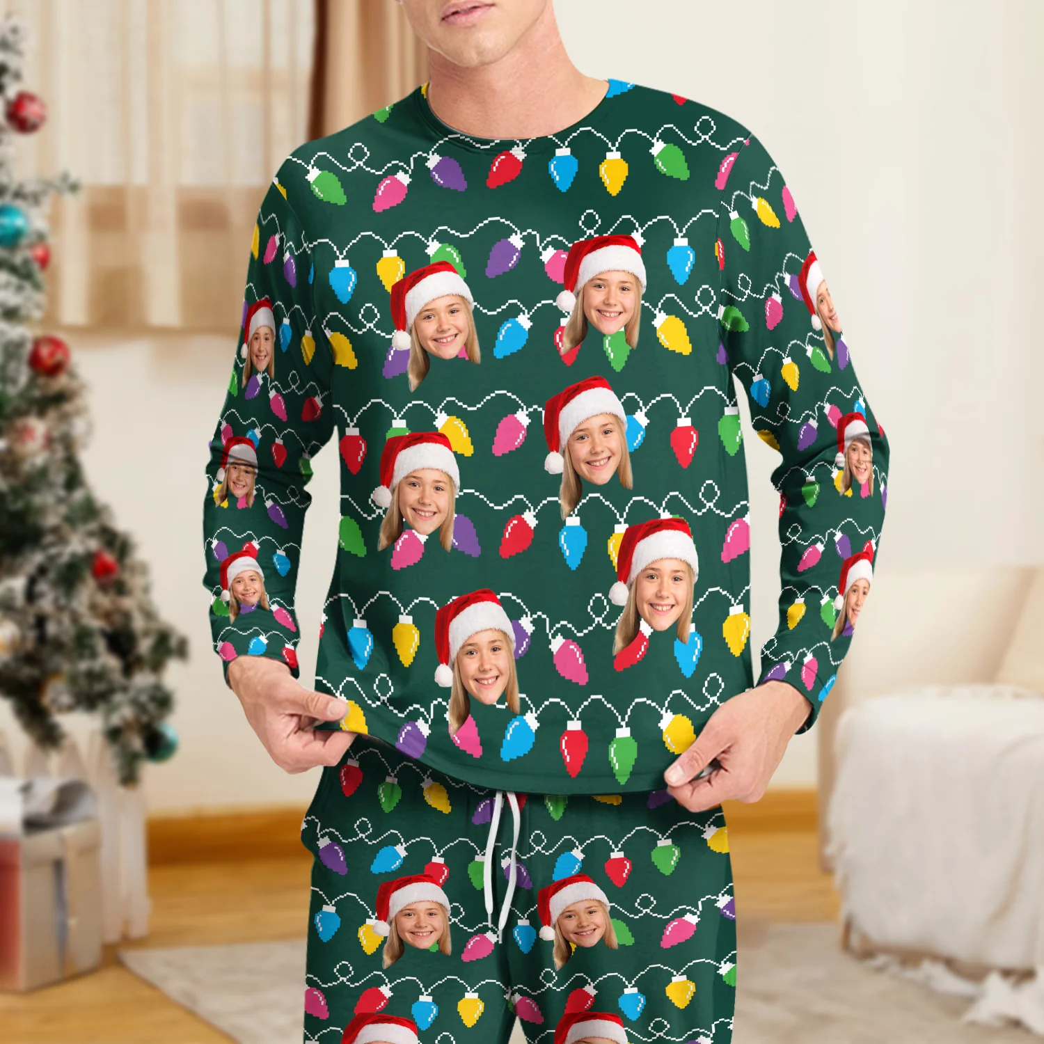 Custom Human Face Photo With Colorful Christmas Lights Sleepwear HO82 900026 - Image 2