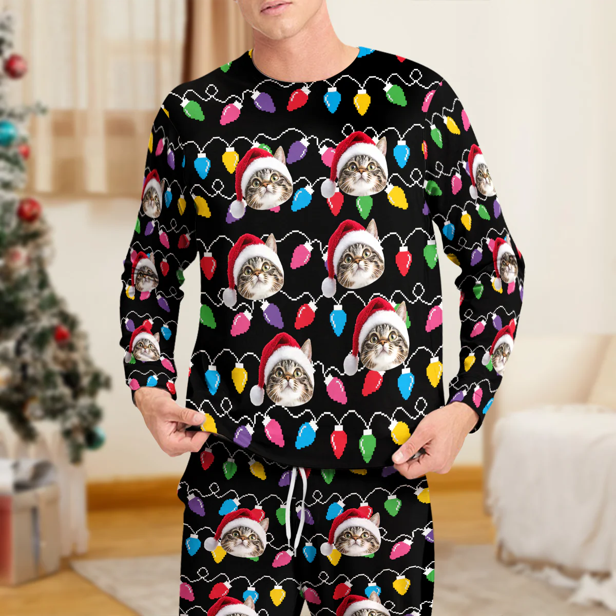 Custom Photo Cat With Colorful Christmas Lights Sleepwear HO82 900030 - Image 3