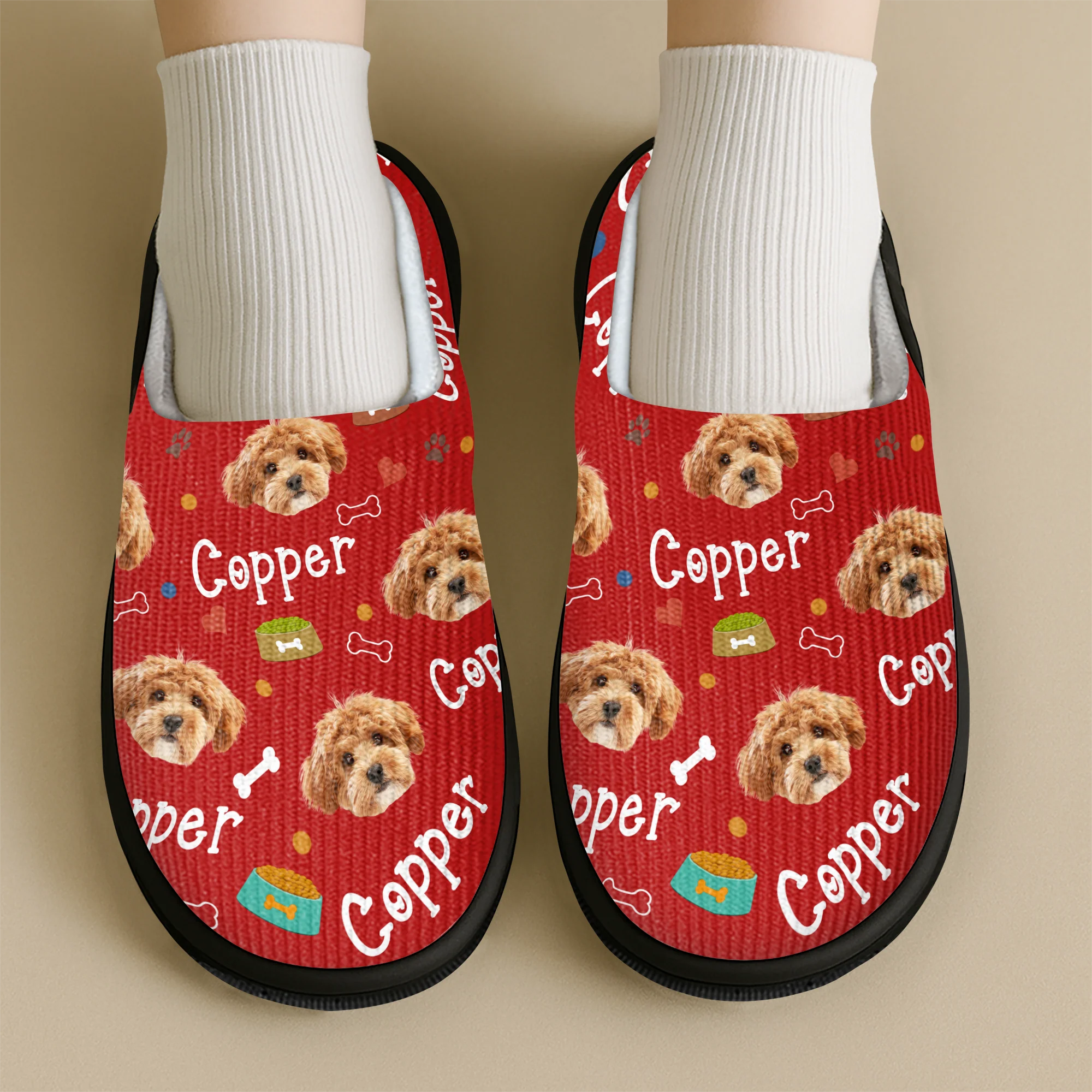 Custom Photo With Paw And Bowl Pattern Dog Cat Plush Slippers HO82 900304 - Image 3