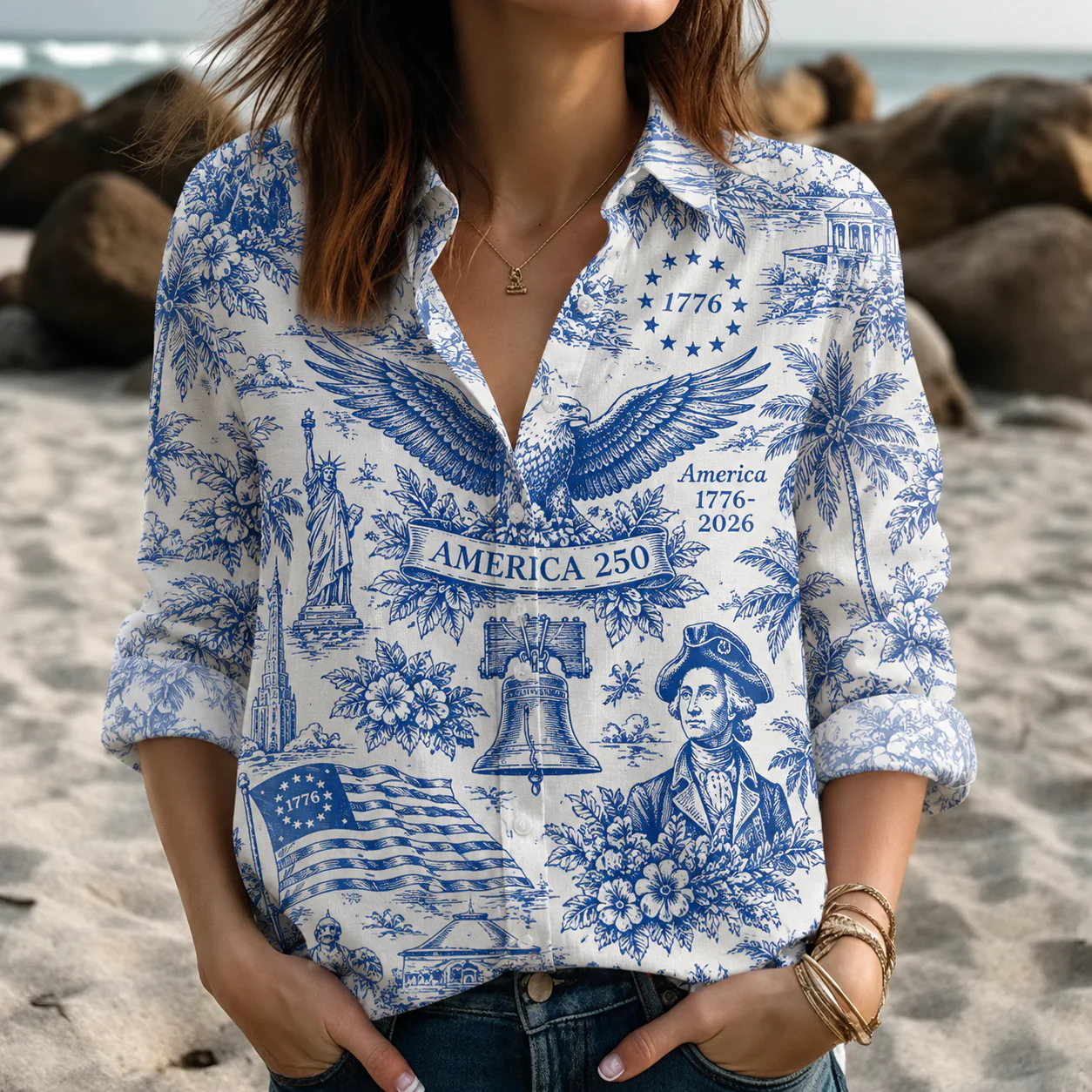 America 1776-2026 USA 250th Anniversary Toile De Jouy Style Patriotic Blouse Shirt CH07 911728