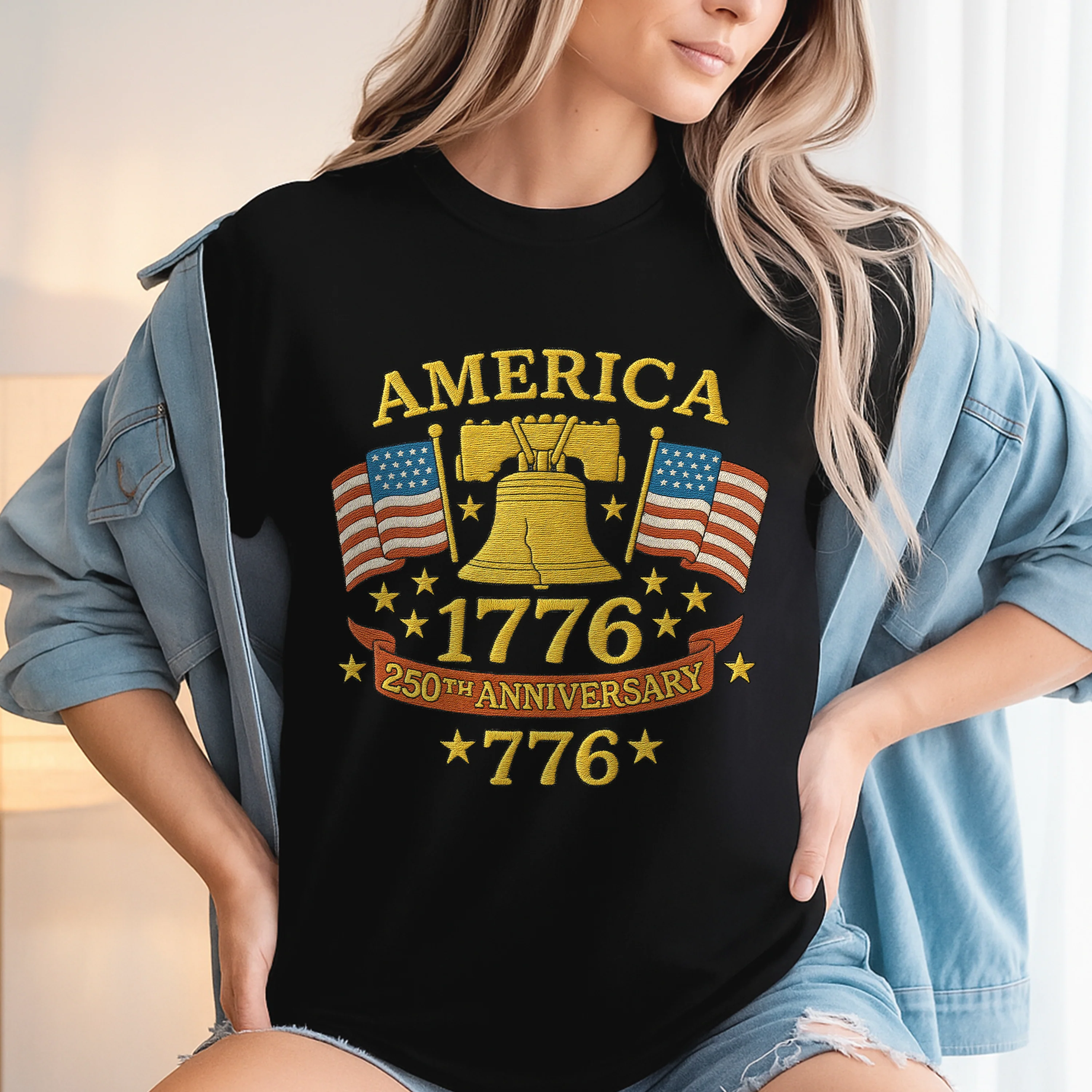 Anniversary Liberty Bell Embroidered Effect Dark Shirt America 250th Anniversary Shirt CH07 899188 - Image 4