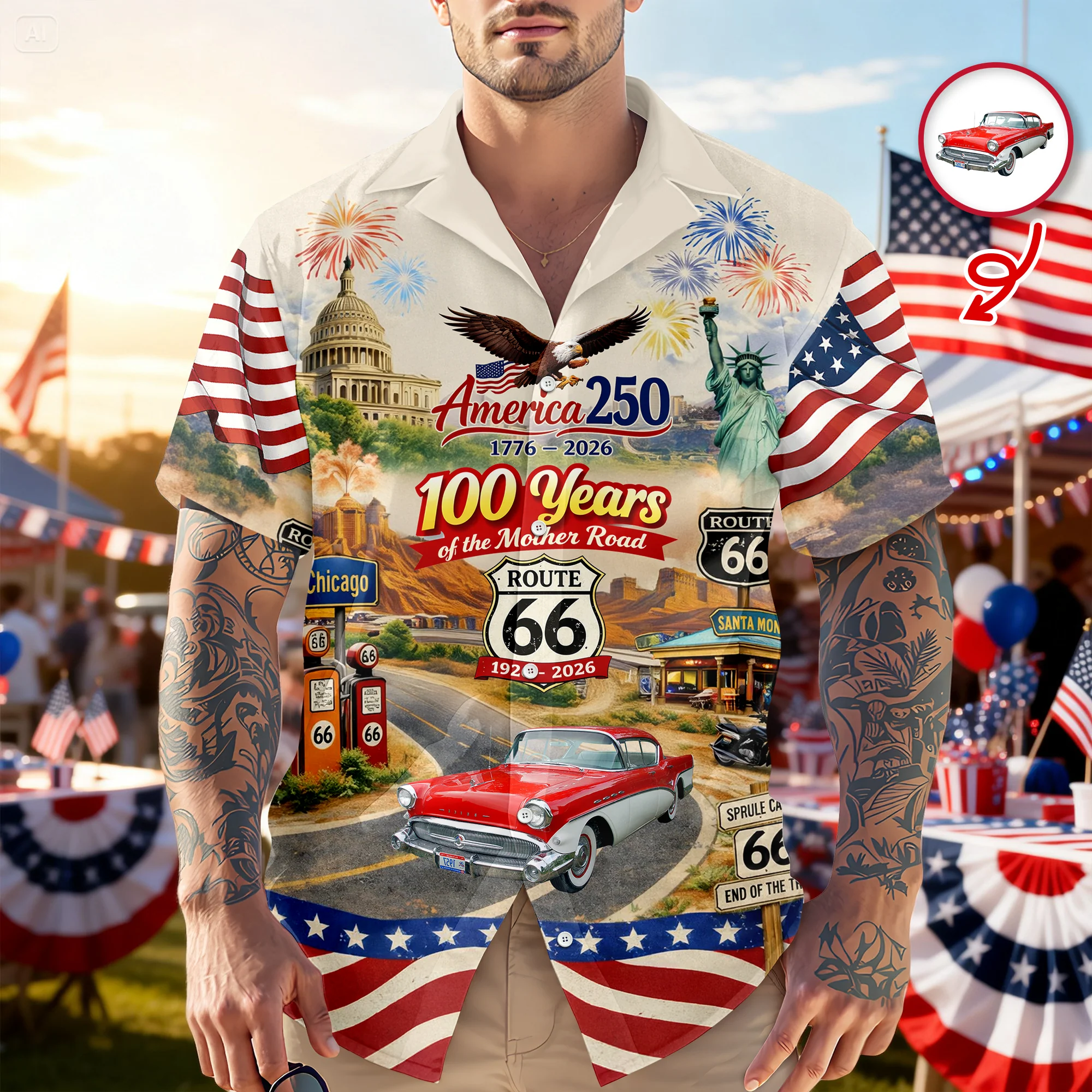 Celebrate 100 Years of Road Route 66 and America 250th Anniversary Custom Car Photo Hawaiian Shirt CH07 910510 - Image 4