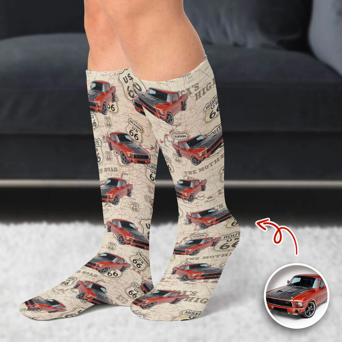 Custom Car Photo Retro Route 66 Socks Gift For Car Lover CH07 899938 - Image 7