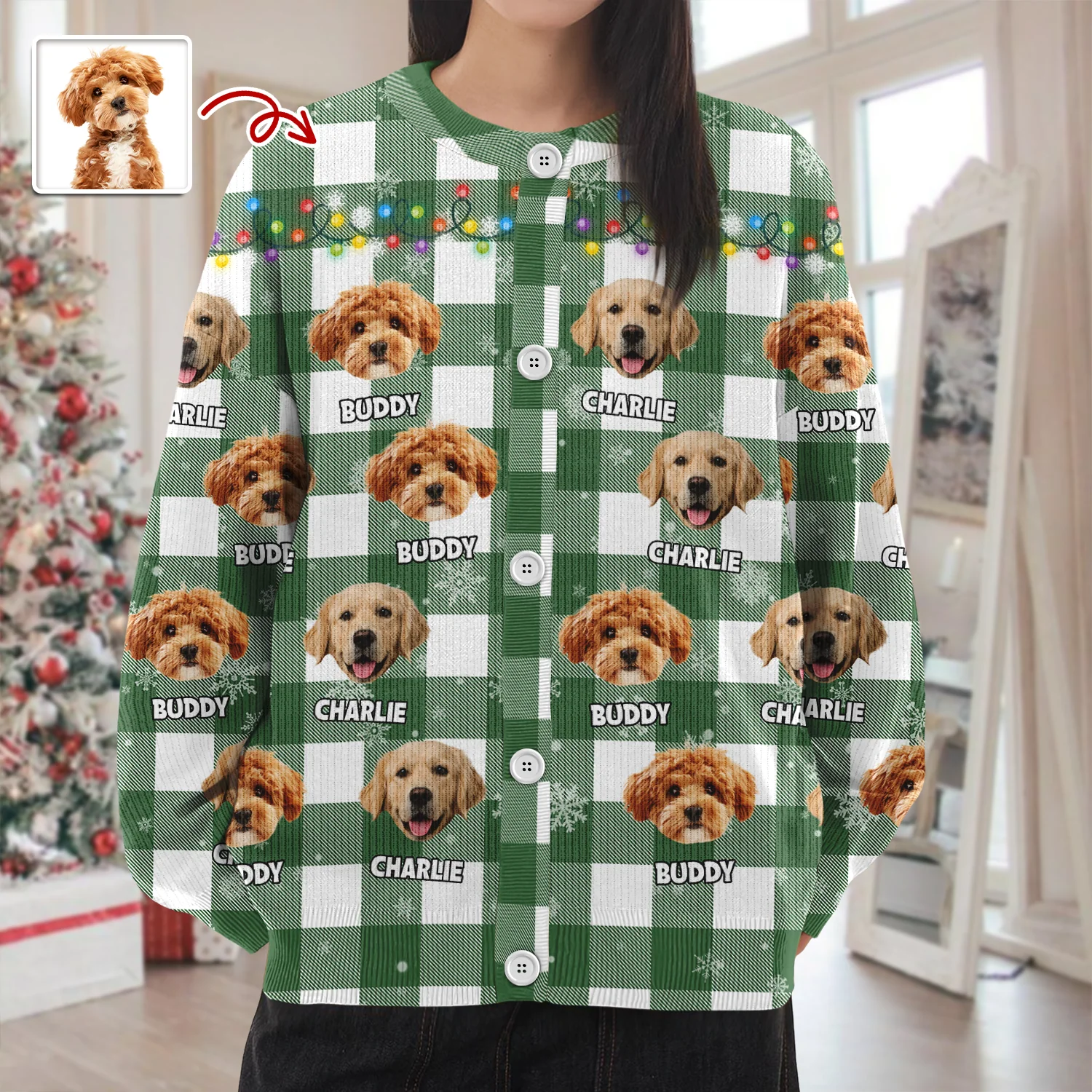 Custom Dog Photo Name Christmas Light Snow Cardigan CH07 899596 - Image 3