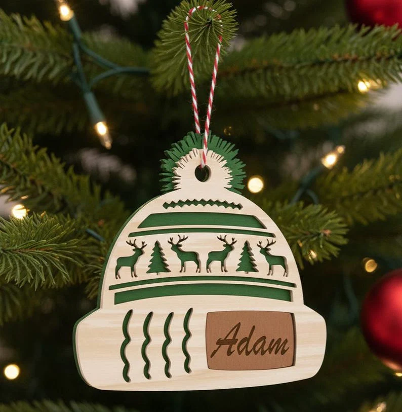 Custom Name Christmas Beanie Hat Layered Wood Ornament CH07 896630 - Image 2
