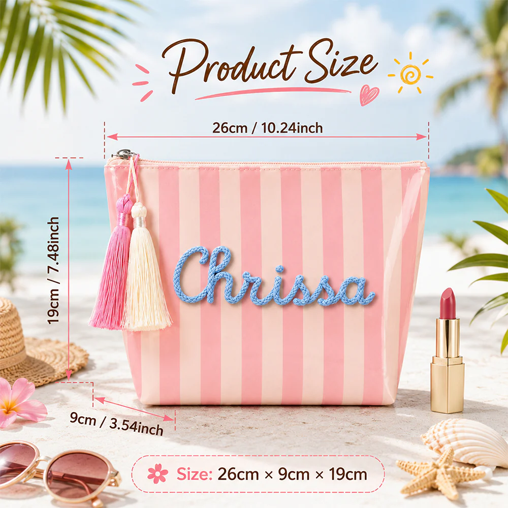 Custom Name Embroidered Waterproof Striped Cosmetic Pouch, Travel Makeup Bag For Summer Vacation CH07 180036 - Image 5