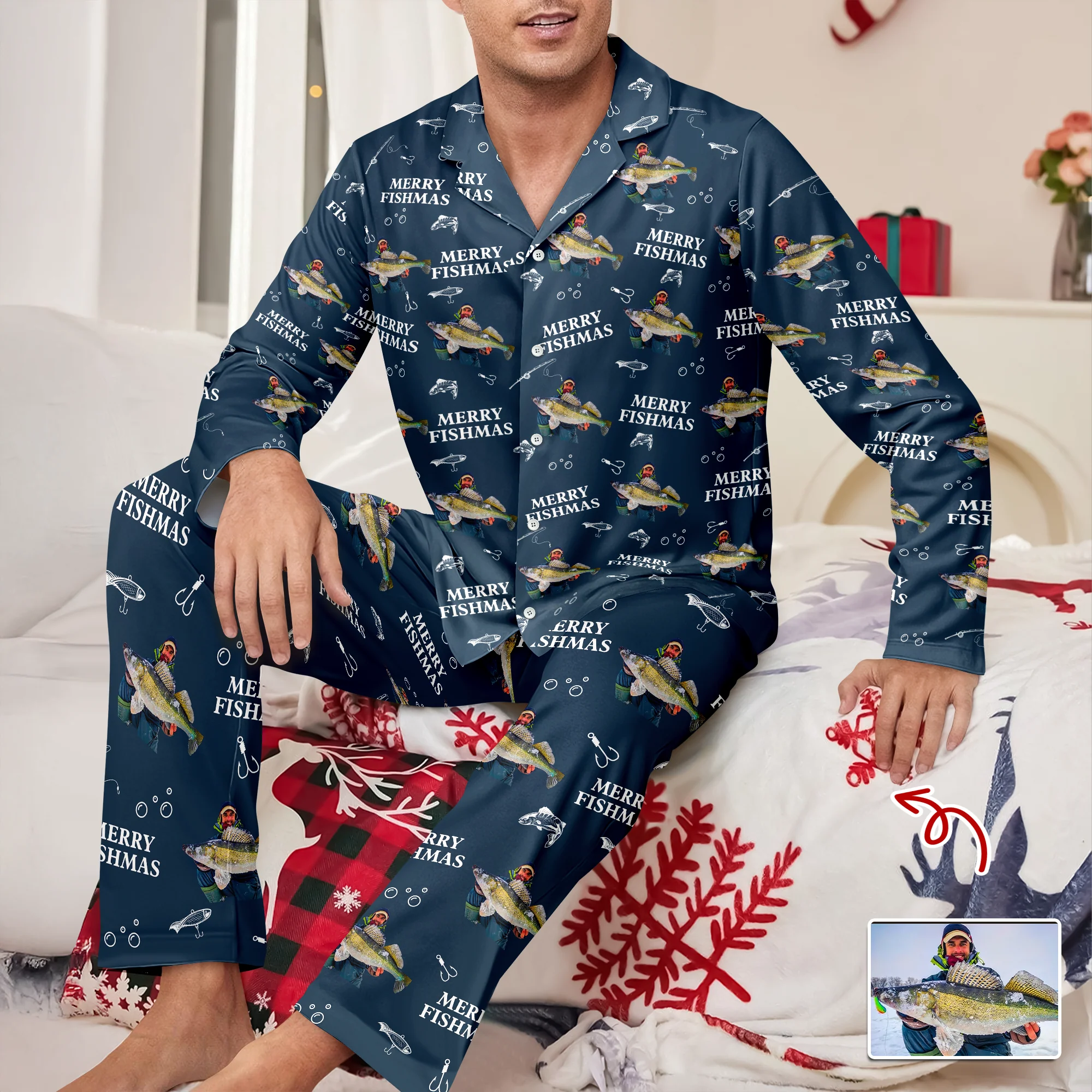 Custom Photo Merry Fishmas Pajamas Christmas Gift For Fishing Lovers, Fisherman HA75 898252 - Image 3