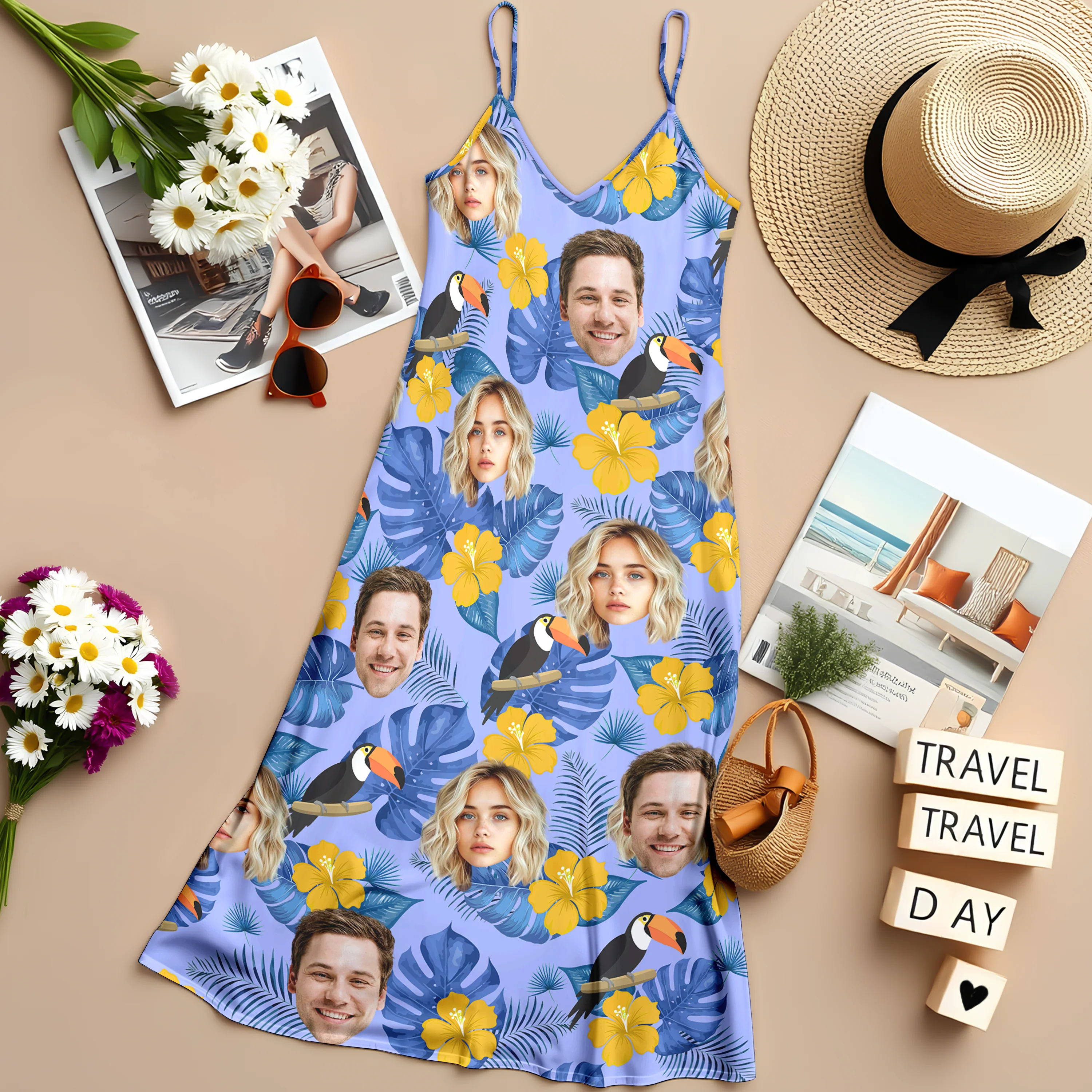 Custom Photo Tropical Hawaii Style Personalized Women's V-Neck Cami Maxi Dress For Summer Holiday CH07 895604 - Image 4